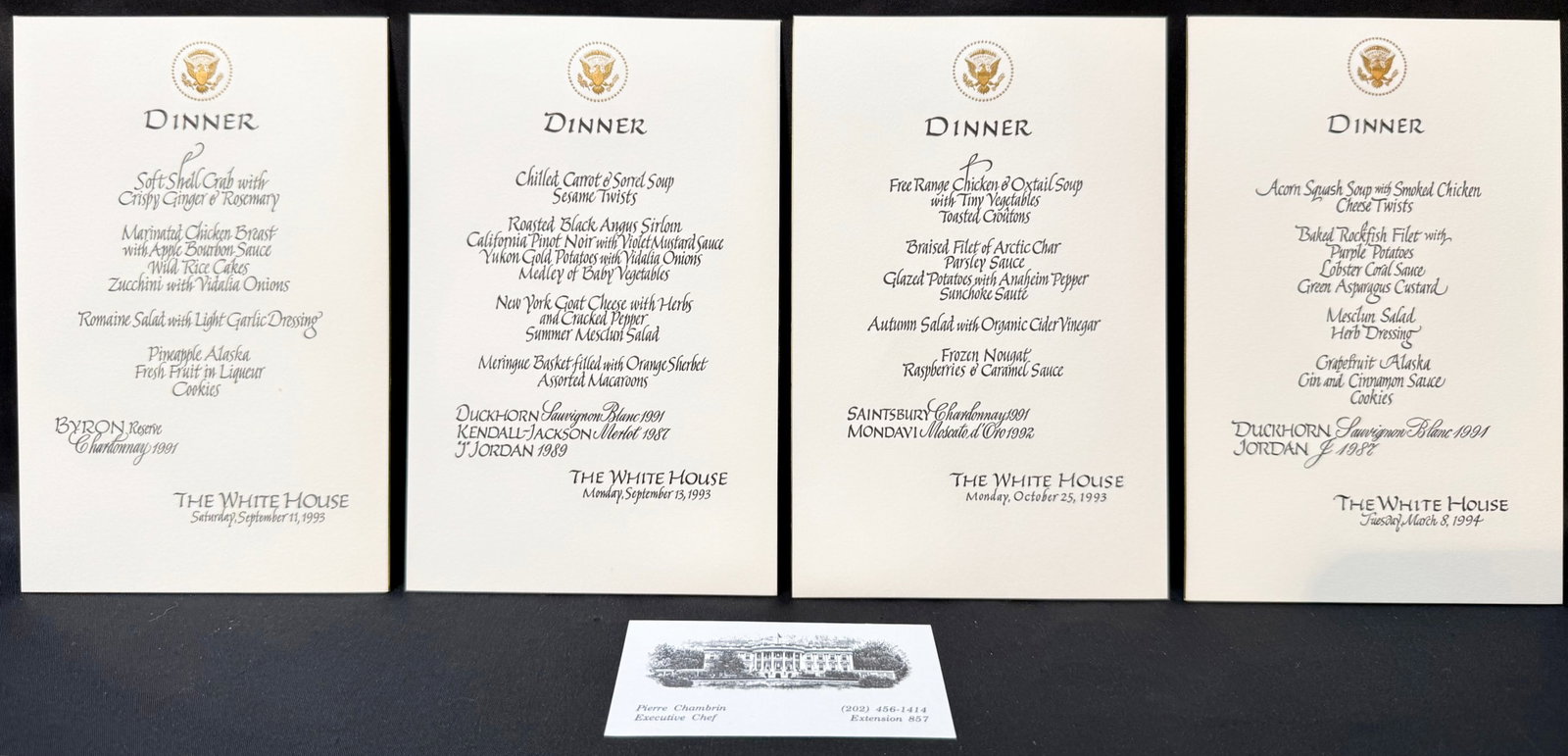 HISTORIC SET OF WHITE HOUSE DINNER MENUS, ESTATE OF WHITE HOUSE EXECUTIVE CHEF PIERRE CHAMBRIN,: An extraordinary surviving archive of four original formal White House dinner menu cards dating from one of the most politically transformative periods of the late 20th century. This is the Clinton ad