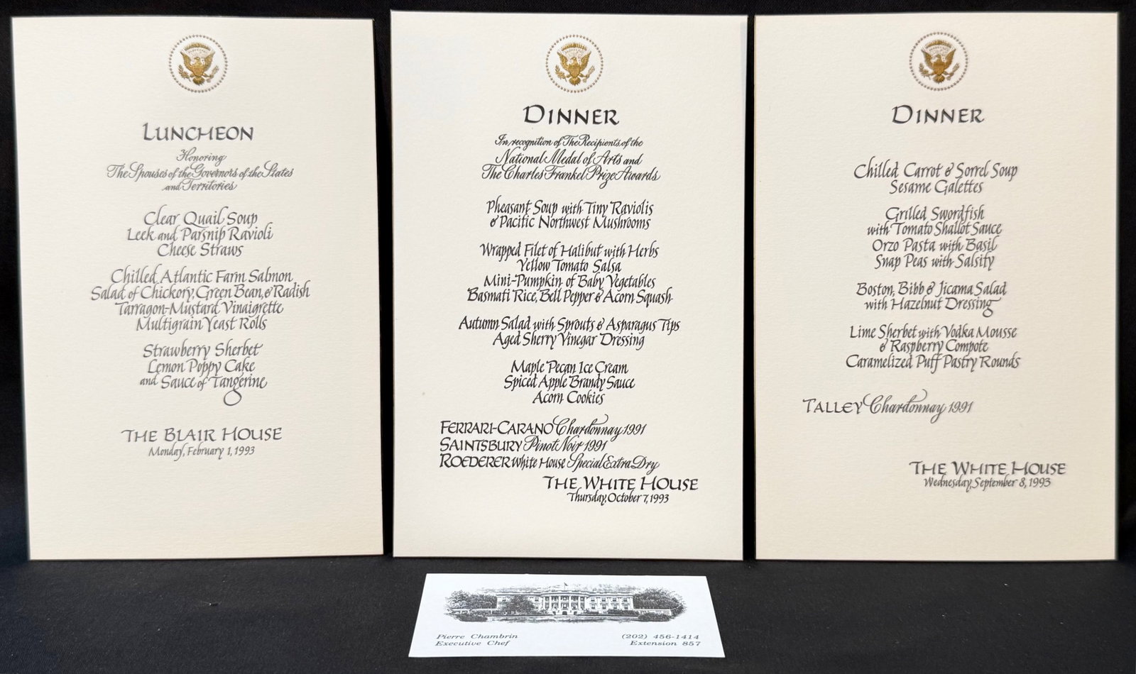 WHITE HOUSE FORMAL DINNER MENU CARDS, ESTATE OF FORMER WHITE HOUSE EXECUTIVE CHEF PIERRE CHAMBRIN,: An exceptional and historically layered group of three original formal White House and Blair House menu cards from 1993, directly from the estate of former White House Executive Chef Pierre Chambrin, 