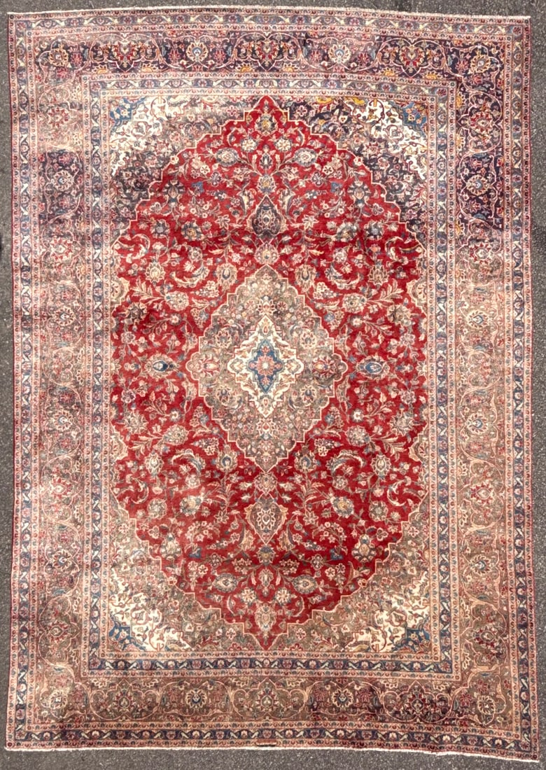 ANTIQUE CLASSIC PERSIAN KASHAN HAND KNOTTED RUG, 9.3 x 13.0 (282cm x 396cm): This Antique Persian Kashan rug was hand knotted in Iran of 100% natural wool on a cotton foundation. This rug is 90+ years old, has medium to low wool piles and is in excellent condition for its age.
