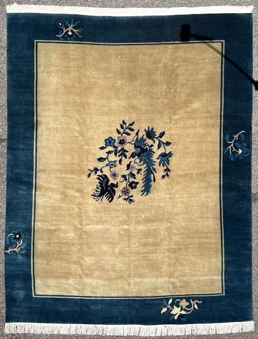 SINO ART DECO HAND KNOTTED RUG, 7.9 x 9.9 (236cm x 297cm): This hand-knotted Chinese Art Deco carpet is built around an Ivory field. This creates a calm, uninterrupted plane of color that instantly grounds a space without overwhelming it. The composition is i