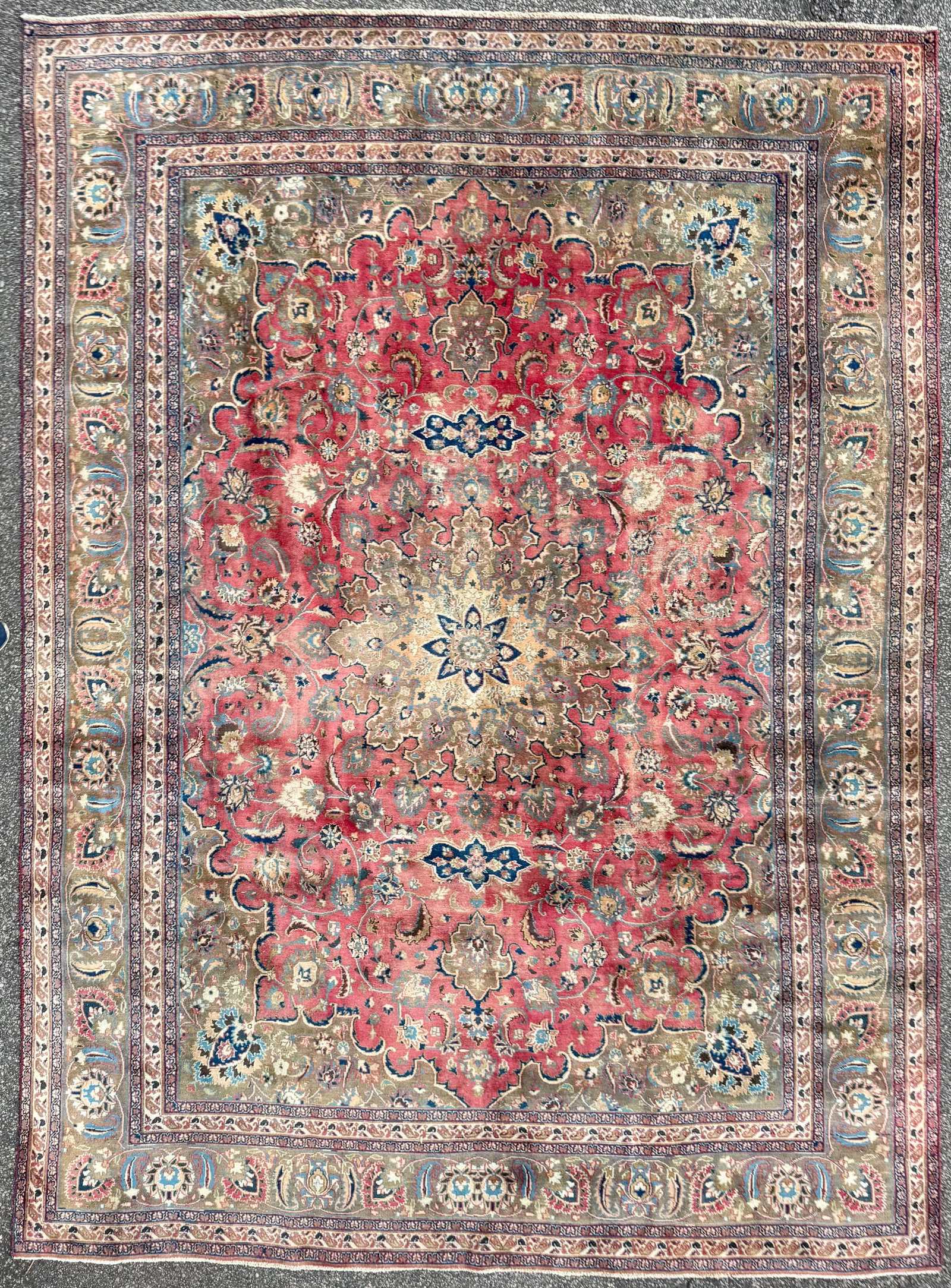 ANTIQUE PERSIAN KASHAN HAND KNOTTED RUG, 9.5 x 12.7 (287cm x 384cm): This Antique Persian Kashan rug was hand knotted in Iran of 100% natural wool on a cotton foundation. This rug is 80+ years old, has full to medium wool piles and is in excellent condition for it