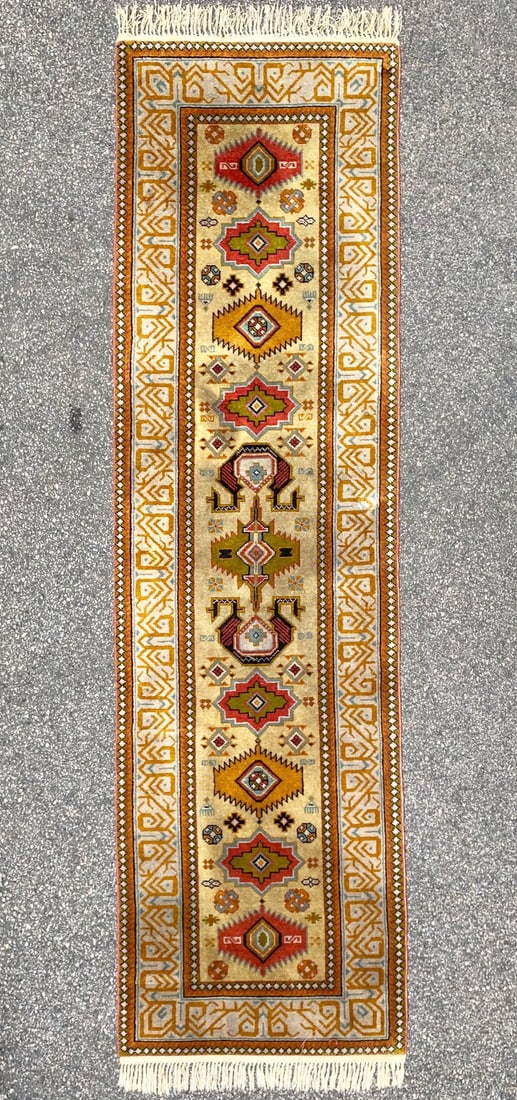 KHOATAN HAND KNOTTED RUNNER, 2.11 x 10.1 (89cm x 307cm): This Khoatan runner was hand knotted in East Turkestan of 100% natural wool on a cotton foundation. It has full wool piles and is in excellent condition. Beautiful colors with excellent quality. No ho
