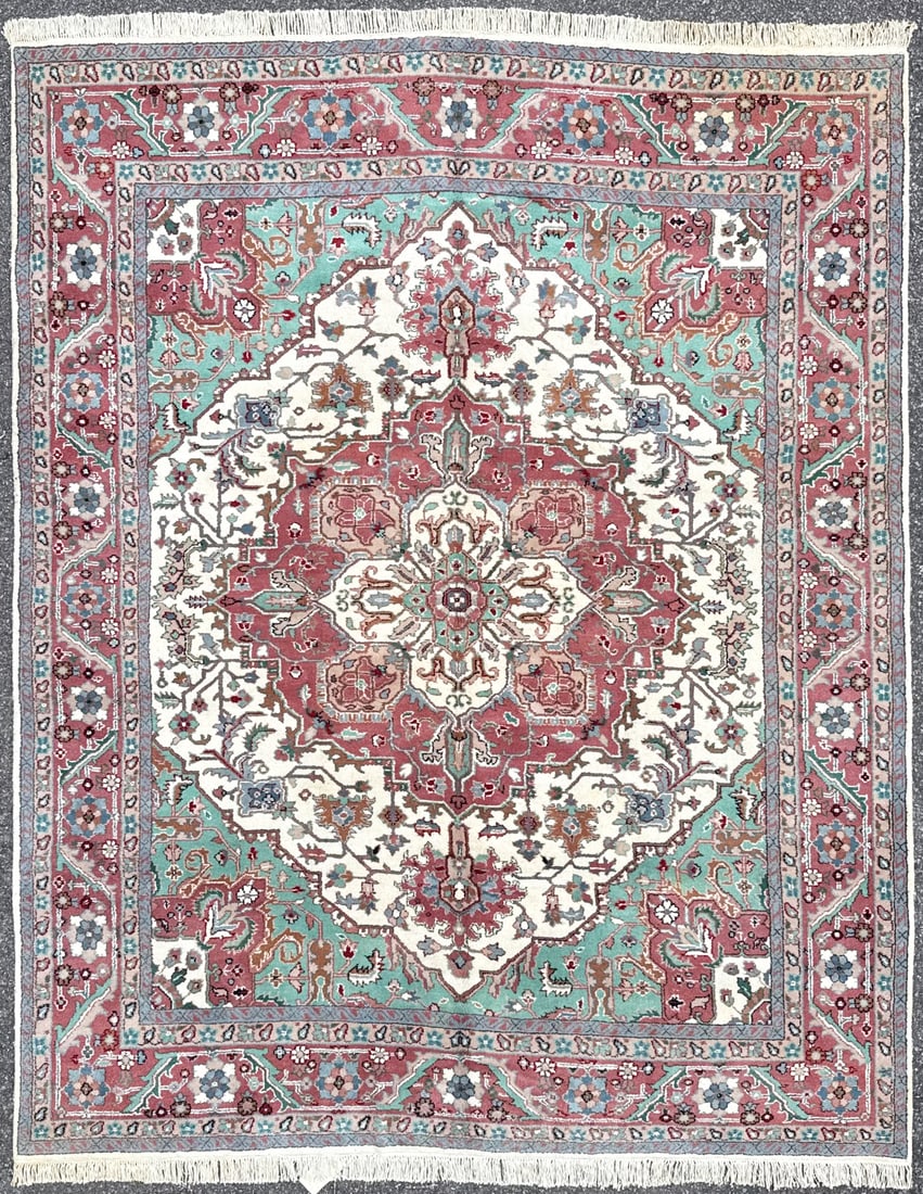 HERIZ HAND KNOTTED RUG, 8.0 x 10.0 (244cm x 305cm): A hand-knotted, Heriz style wool carpet built around a bold architectural Heriz-style medallion, executed in a high-contrast palette of ivory, rose, and teal. This is combination designers actively se
