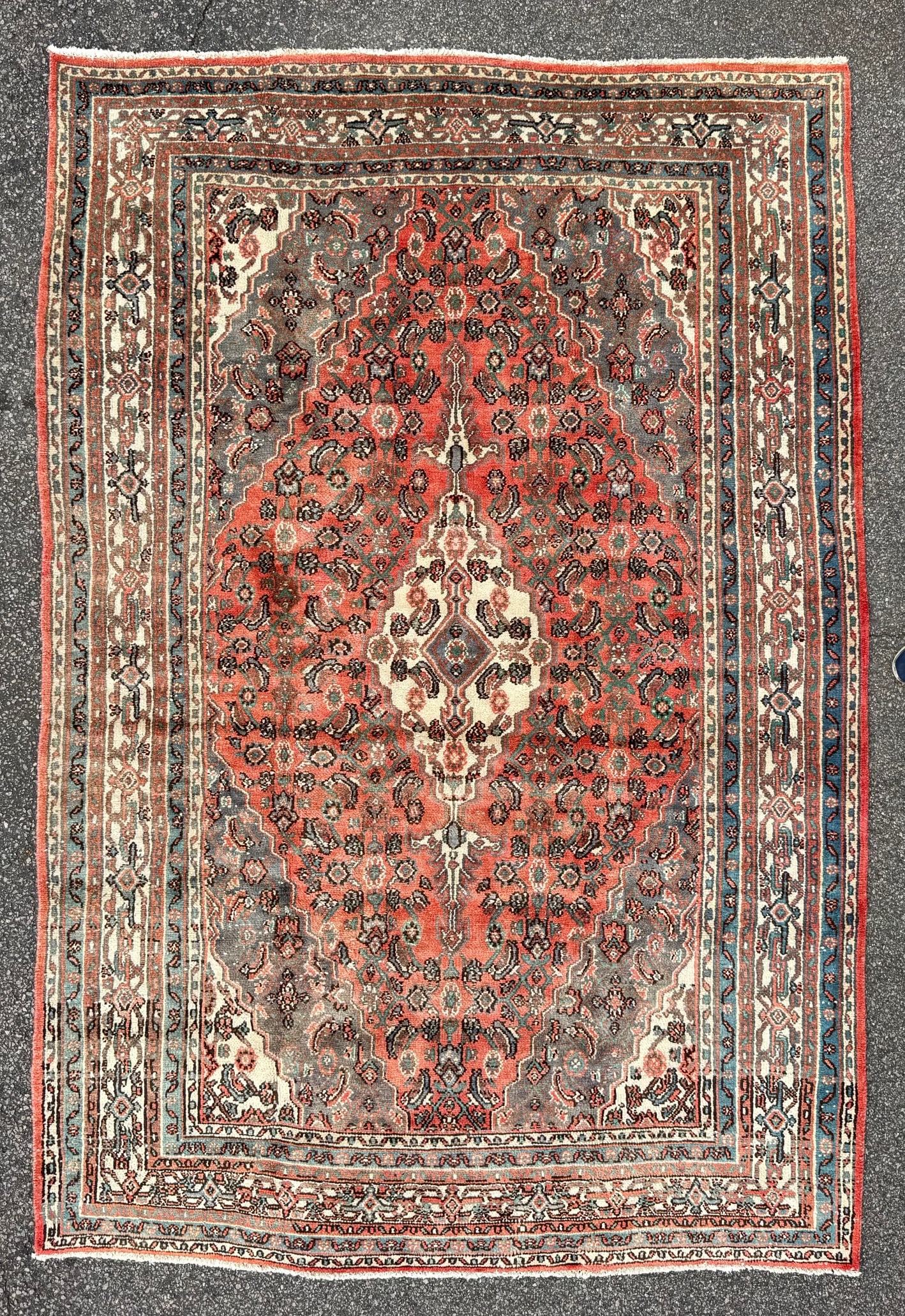 ANTIQUE PERSIAN BIDJAR HAND KNOTTED RUG, 7.0 x 10.4 (213cm x 315cm): This Antique Persian Bidjar rug was hand knotted in Iran of 100% natural wool with a cotton foundation. This rug is 80+ years old, has medium wool piles and is in excellent condition for its age. Beau