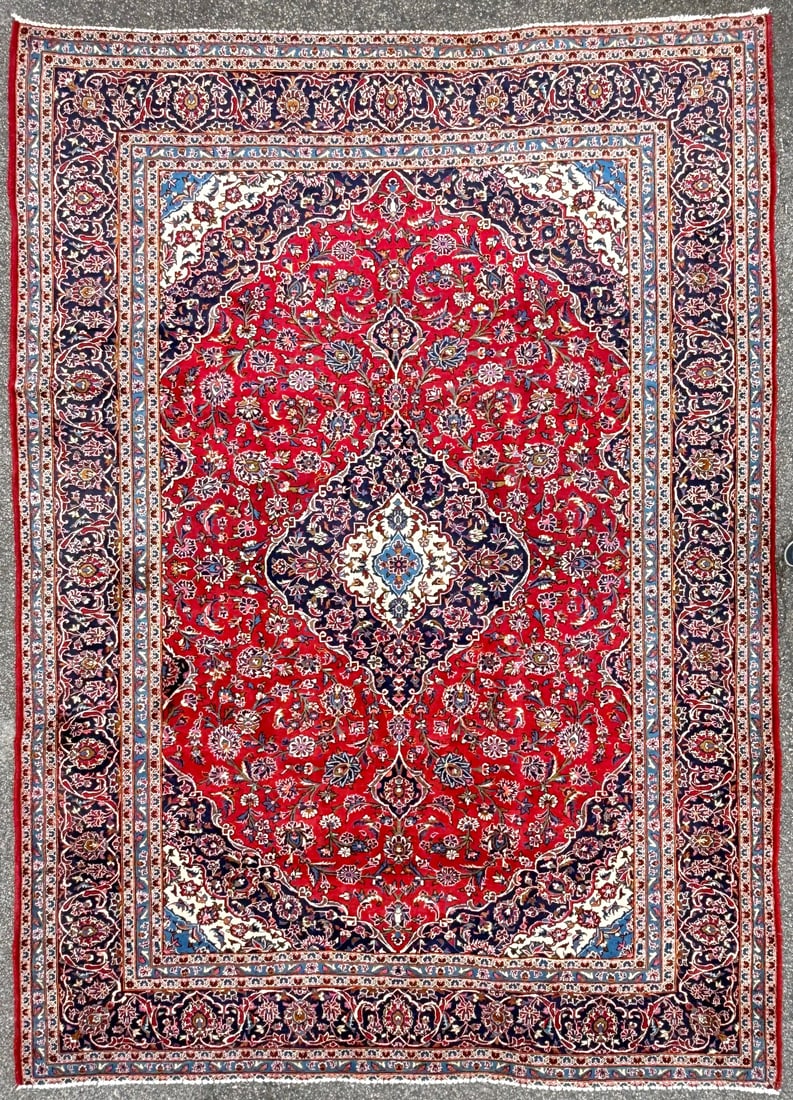 VINTAGE PERSIAN CLASSIC KASHAN HAND KNOTTED RUG, 9.8 x 13.5 (295cm x 409cm): This Vintage Persian Kashan rug was hand knotted in Iran of 100% natural wool on a cotton foundation. This rug is 60+ years old, has full to medium wool piles and is in excellent condition for its age