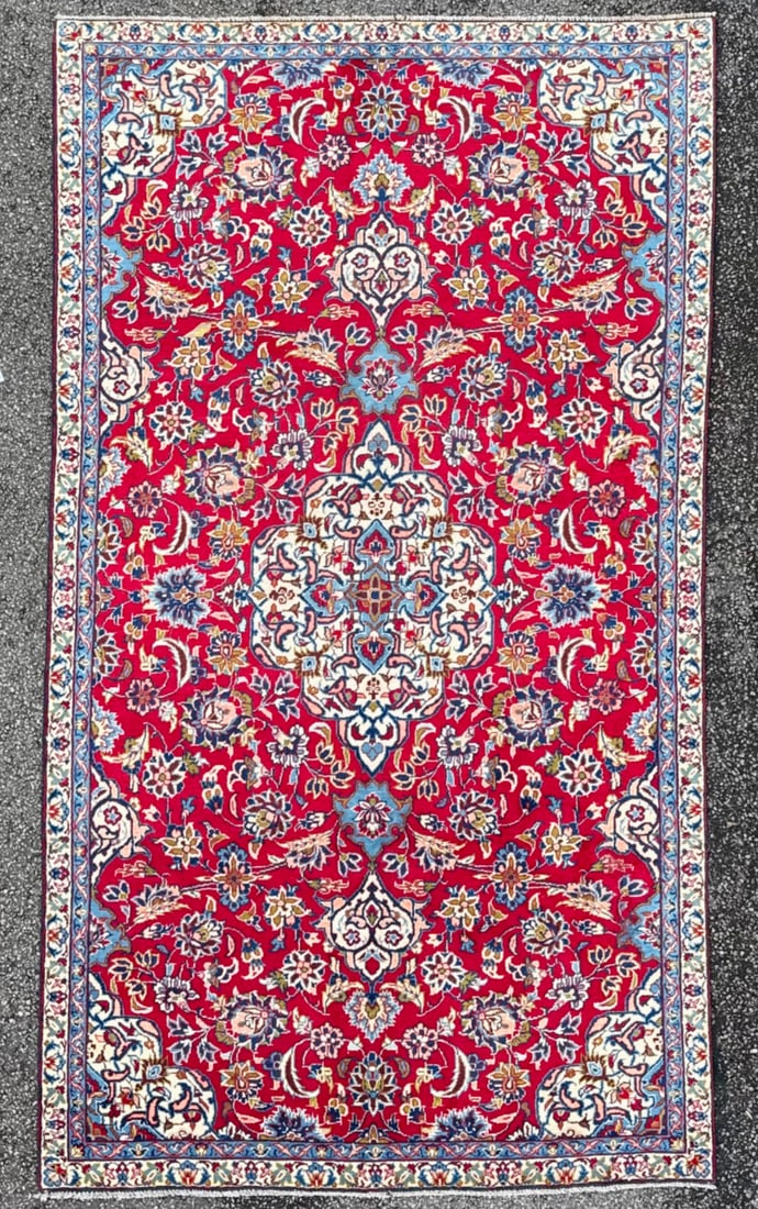 VINTAGE PERSIAN KASHAN HAND KNOTTED RUG, 5.9 x 10.3 (179cm x 312cm): This Vintage Persian Kashan rug was hand knotted in Iran of 100% natural wool on a cotton foundation. This rug is 70+ years old, has full to medium wool piles and is in excellent condition for its age