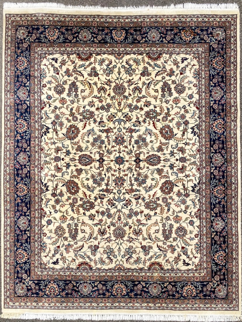 KASHAN HAND KNOTTED RUG, 8.0 x 10.5 (244cm x 318cm): This Kashan Rug was hand knotted in India of 100% natural wool on a cotton foundation. It has full wool piles and is in like new condition. Beautiful colors with the highest quality. No hole