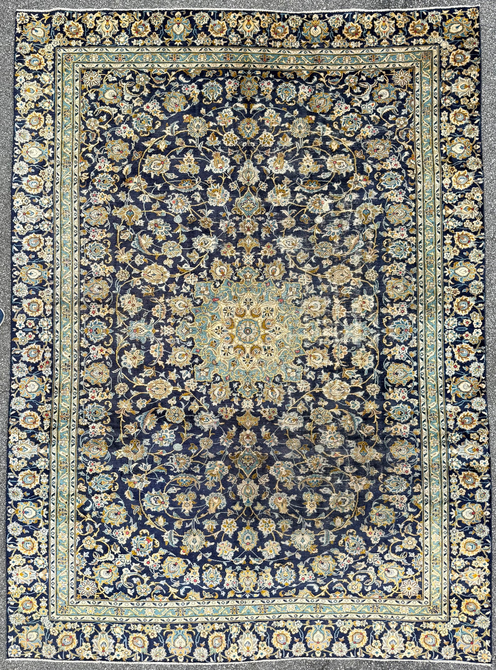 ANTIQUE PERSIAN KASHAN HAND KNOTTED RUG, 9.0 x 12.2 (274cm x 371cm): This Antique Persian Kashan rug was hand knotted in Iran of 100% natural wool on a cotton foundation. This rug is 100-120+ years old, has medium to low wool piles and is in excellent condition for its