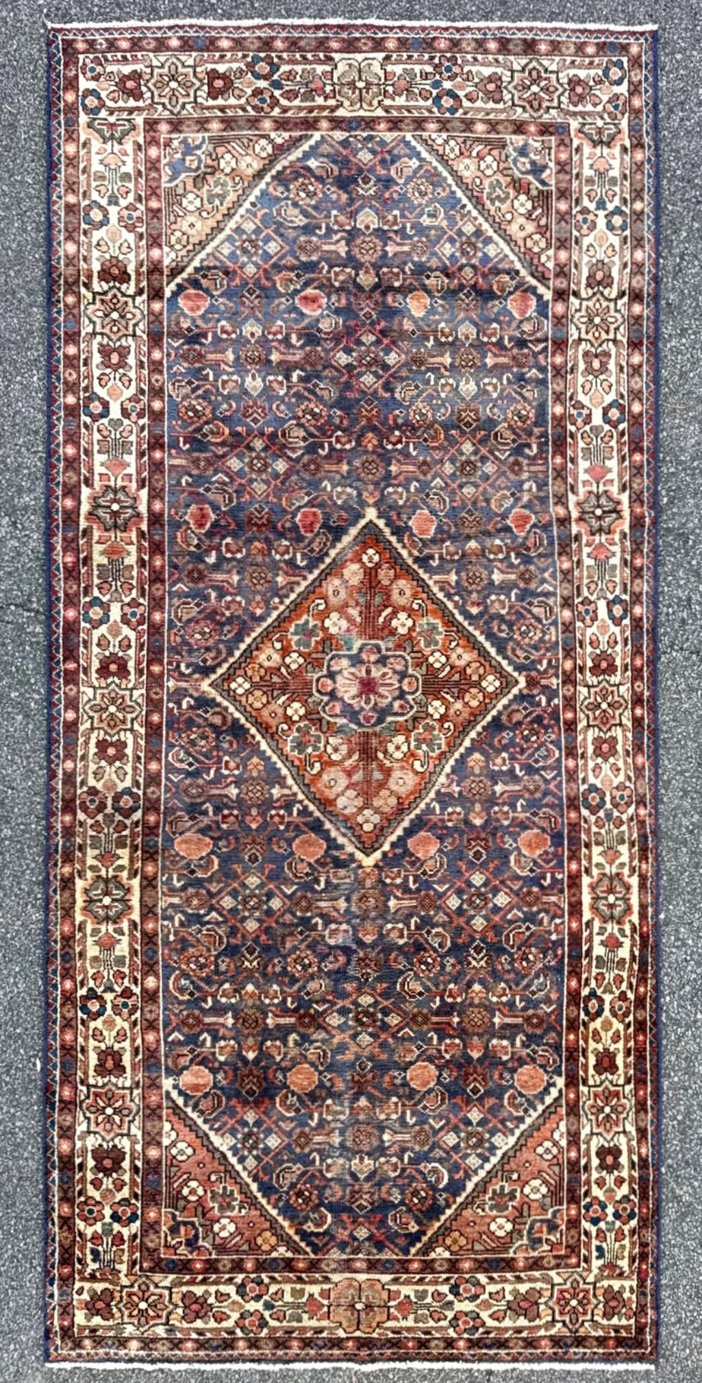 ANTIQUE PERSIAN HERIZ HAND KNOTTED RUG, 4.7 x 10.3 (140cm x 312cm): This Antique, Persian Heriz rug was hand knotted in Iran of 100% natural wool on a cotton foundation. This rug is 110-130+ years old, has medium wool piles and is in excellent condition for its age. T