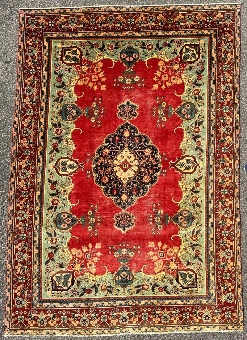 ANTIQUE PERSIAN TABRIZ HAND KNOTTED RUG, 7.2 x 10.0 (218cm x 305cm): This Antique Persian Tabriz rug was hand knotted in Iran of 100% natural wool and has a cotton foundation. The rug is 90+ years old, has medium to low wool piles and is in excellent condition for its 