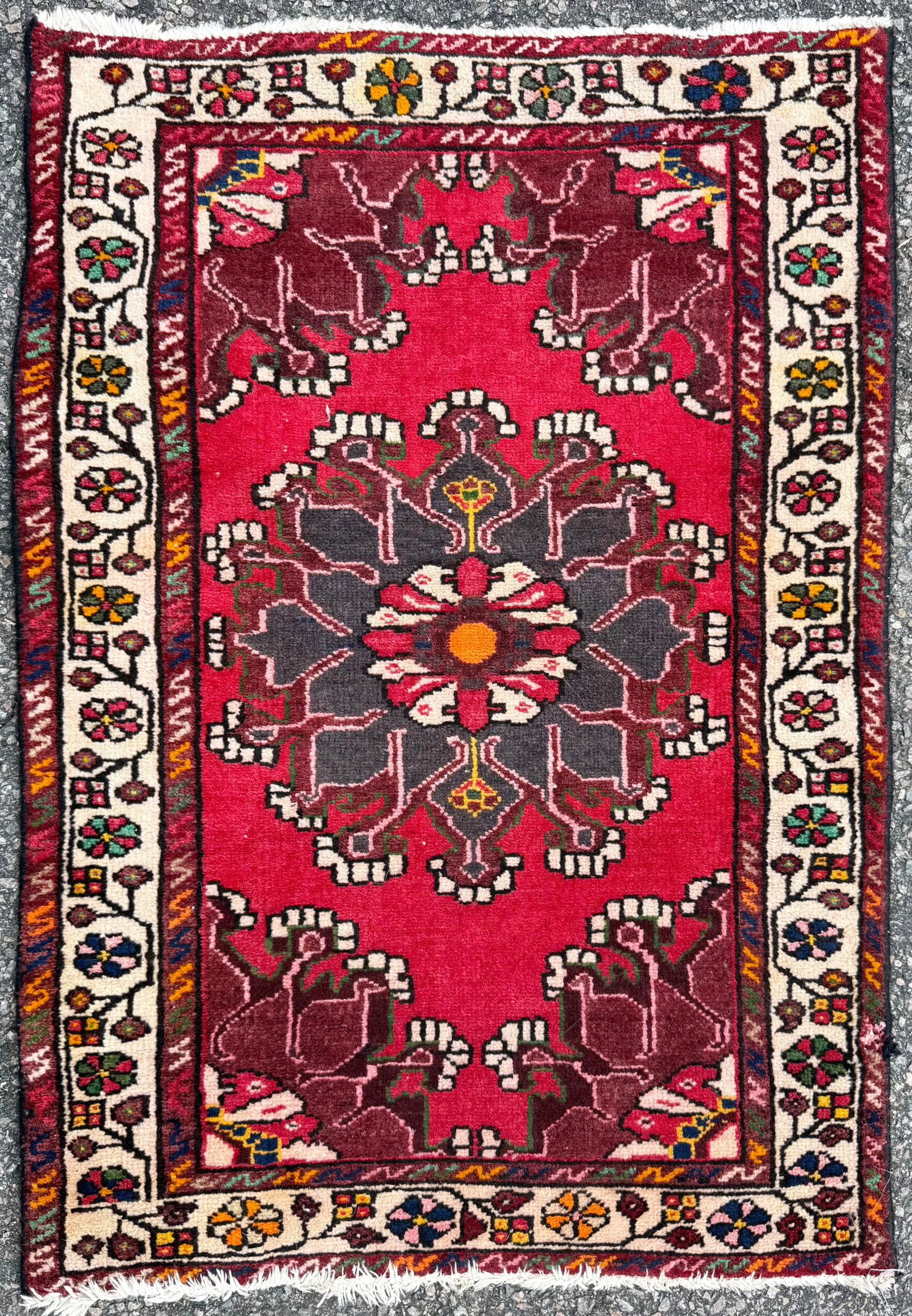VINTAGE PERSIAN HAMADAN HAND KNOTTED RUG, 2.6 x 3.6 (76cm x 107cm): This Vintage Persian Hamadan rug was hand knotted in Iran of 100% natural wool. This rug is 70+ years old, has medium to low wool piles and is in excellent condition for its age. Beautiful colors with