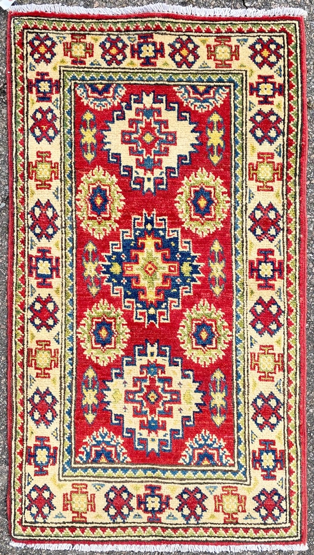 KAZAK HAND KNOTTED RUG, NEW, 1.11.x 3.4 (58cm x 102cm): This New Kazak rug was hand knotted in Afghanistan of 100% natural wool on a cotton foundation. The rug has medium wool piles and is in brand new condition. It is made with excellent quality, nice and