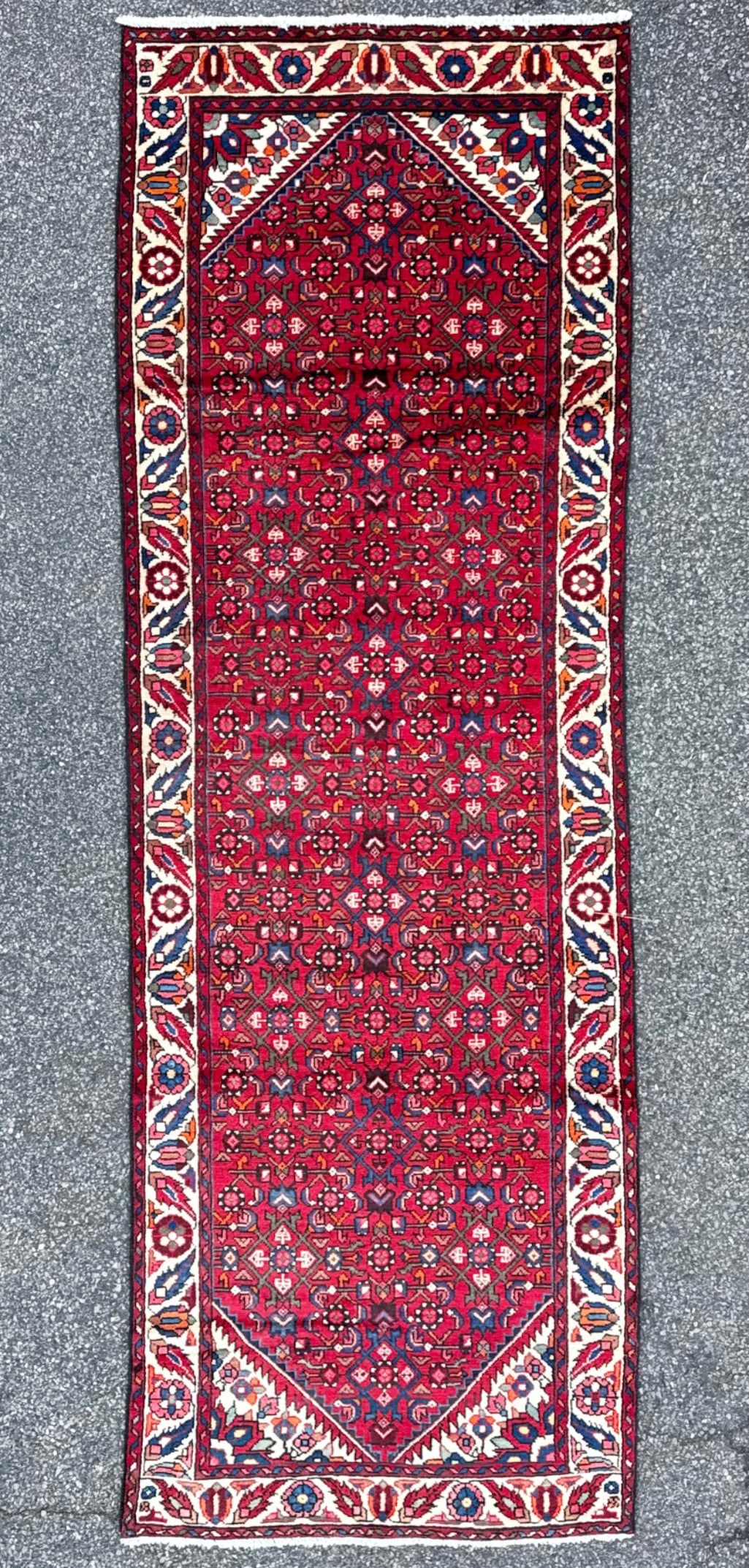 VINTAGE PERSIAN MALAYER HAND KNOTTED RUNNER, 3.5 x 10.1 (104cm x 307cm): This Antique Persian Hamadan runner was hand knotted in Iran of 100% natural wool. This rug is 60+ years old, has full wool piles and is in excellent condition for its age. Beautiful colors with excel