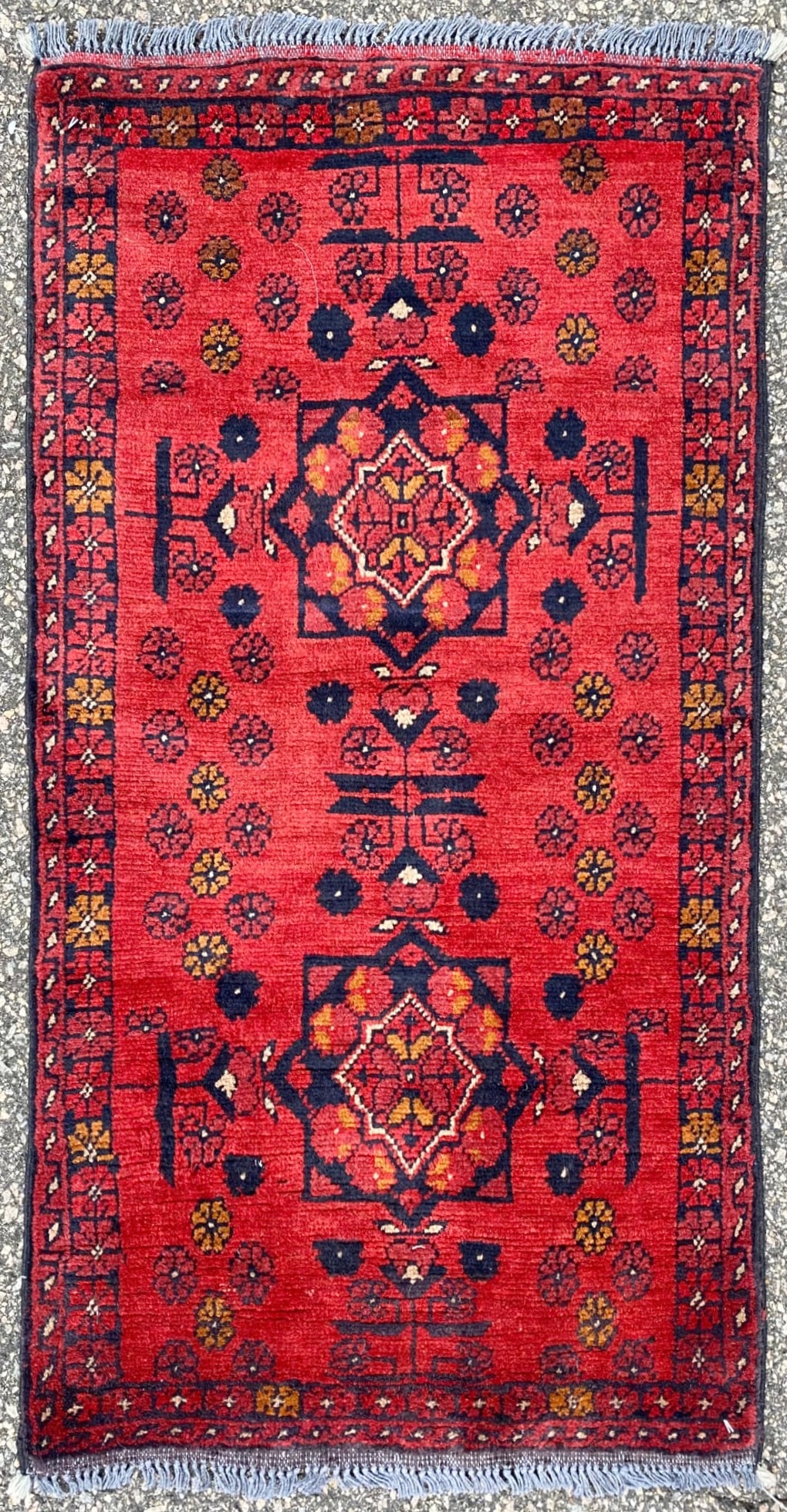 TURKEMAN HAND KNOTTED RUG, 1.10 x 3.6 (56cm x 107cm): This Turkeman rug was hand knotted in Afghanistan of 100% natural wool on a cotton foundation. It has medium, even, wool piles and is in like new condition. Beautiful colors with excell