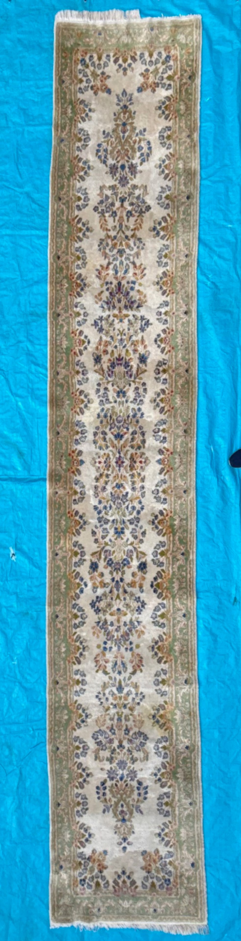 EXTRA-LONG PERSIAN KERMAN HAND KNOTTED RUNNER WITH 175+ KPSI, 3.0 x 17.10 (91cm x 544cm): This Extra-long, Persian Kerman runner, made in Iran of 100% natural wool on a cotton foundation. This rug is 30+ years old, has full wool piles and is in excellent condition. This rug has knots per s