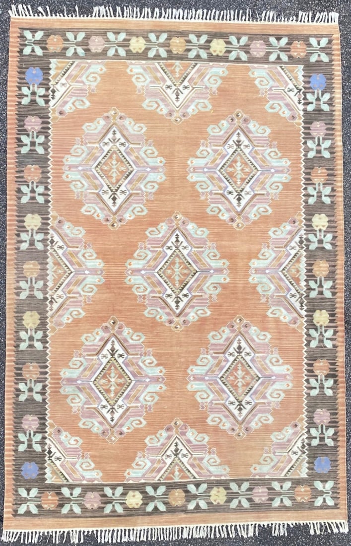 ANATOLIAN KILIM HAND KNOTTED RUG – 6.0 x 9.0: This Anatolian Kilim flat weave rug was hand knotted in Anatolia (Turkey) of 100% natural wool and has flat weave wool piles and is in excellent condition. Beautiful colors with excellent quality. No 