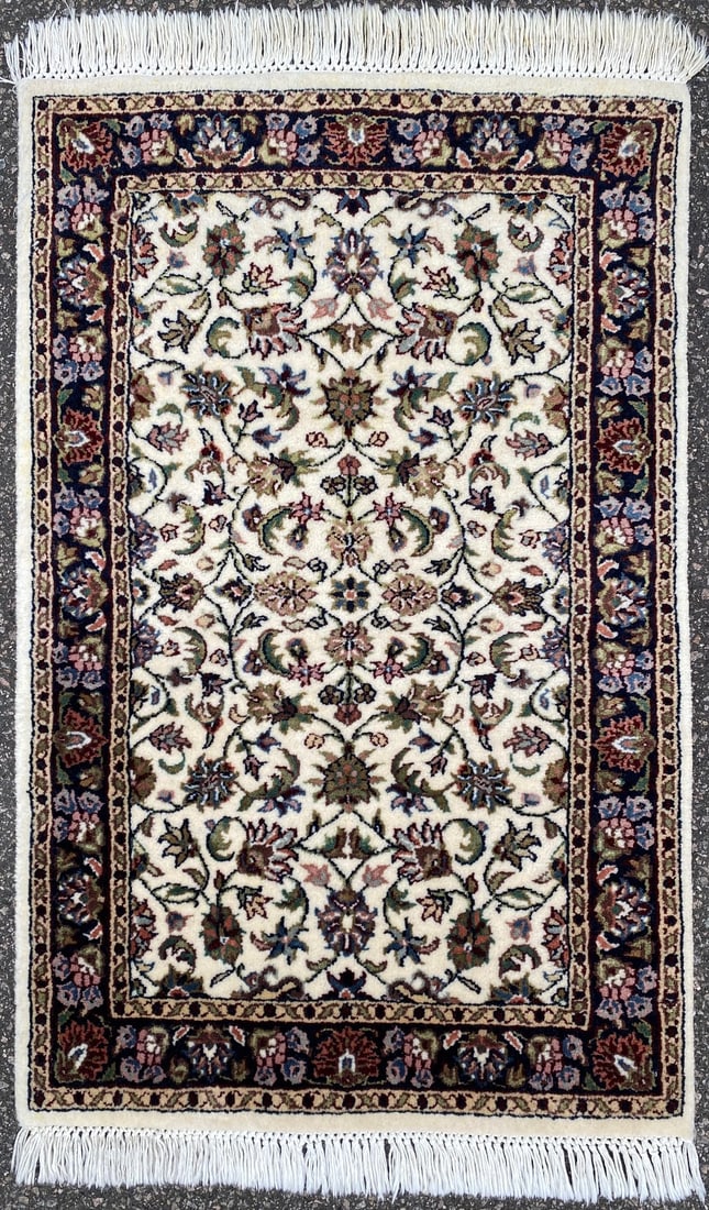 KASHAN HAND KNOTTED RUG, 2.0 x 3.4 (61cm x 102cm): This Kashan Rug was hand knotted in India of 100% natural wool and has full wool piles and is in like new condition. Beautiful colors with nice quality. No holes, plush and soft with a gorge