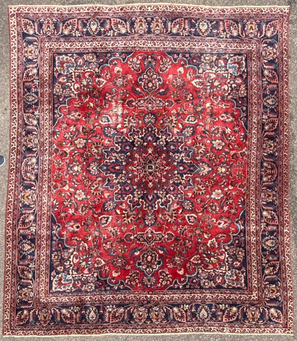 VINTAGE PERSIAN MASHAD HAND KNOTTED RUG, 9.3 x 11.0 (282cm x 335cm): This Vintage Persian Mashad rug, hand knotted in Persia of 100% natural wool on a cotton foundation. This rug is 60+ years old and has Medium to low wool piles and is in excellent condition for its ag