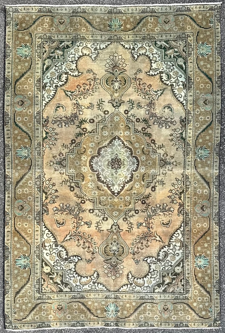 ANTIQUE PERSIAN TABRIZ HAND KNOTTED RUG, 6.4 x 9.6 (193cm x 290cm): This Antique Persian Tabriz rug was hand knotted in Iran of 100% natural wool and has a cotton foundation. The rug is 120+ years old, has medium to low wool piles and is in excellent condition for its
