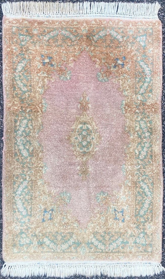 PERSIAN KERMAN HAND KNOTTED RUG WITH 200+ KPSI, 2.0 x 3.2 (61cm x 96cm): This Vintage Persian Kerman rug, made of in Iran of 100 percent natural wool on a cotton foundation with medium to low wool piles. This rug is 50+ years old, and is in excellent condition for its age.