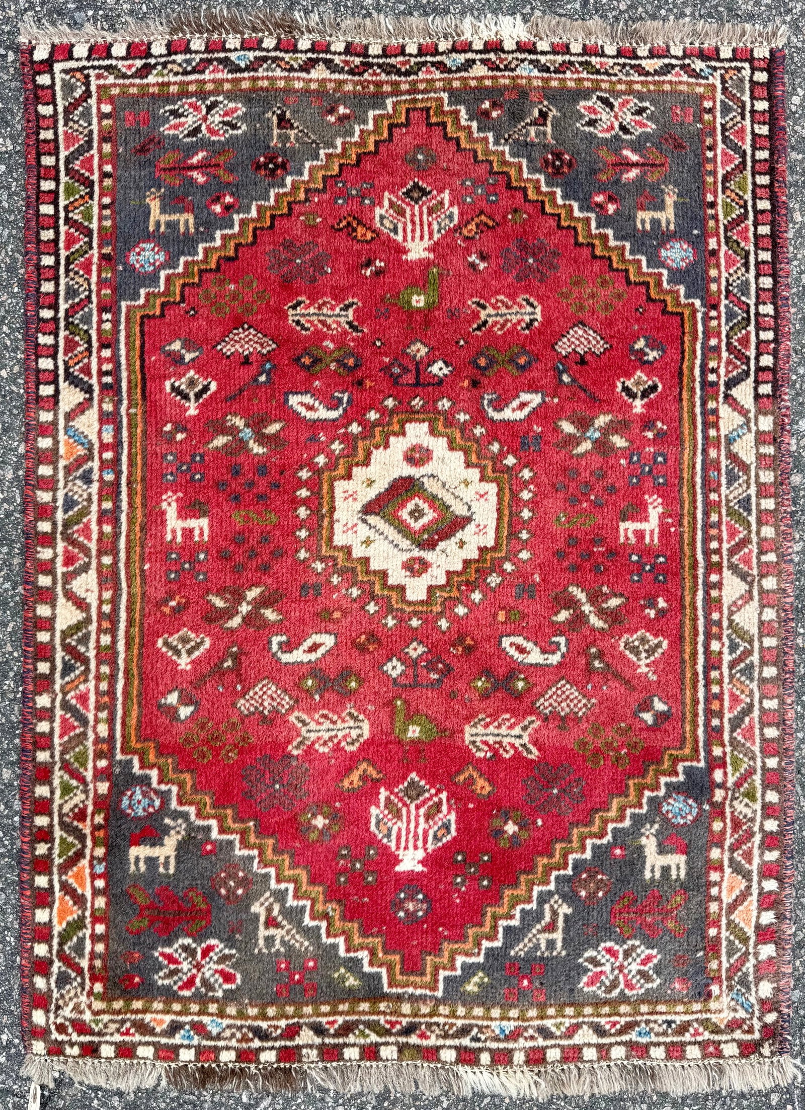 PERSIAN QASHQAI SHIRAZ TRIBAL HAND KNOTTED RUG, ANIMAL MOTIF, FOLK ART, 2.6 x 3.5 (76cm x 104cm): A striking, hand-knotted vintage Persian Qashqai tribal rug from the Shiraz region of Southwest Iran. This carpet contains the highly desirable animal-filled field and bold geometric design language a