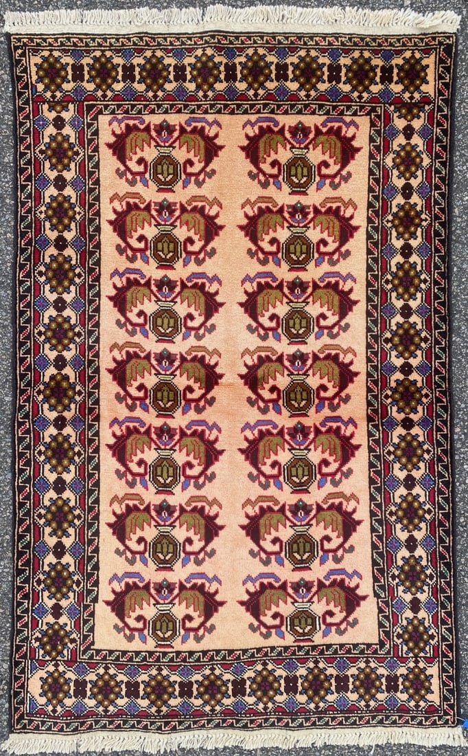 BALOUCH HAND KNOTTED PRAYER RUG, NEW, 2.11 x 4.8 (89cm x 142cm): This Balouch prayer rug was hand knotted in Afghanistan of 100% natural wool on a cotton foundation. It has medium wool piles and is in brand new condition. Beautiful colors with excell