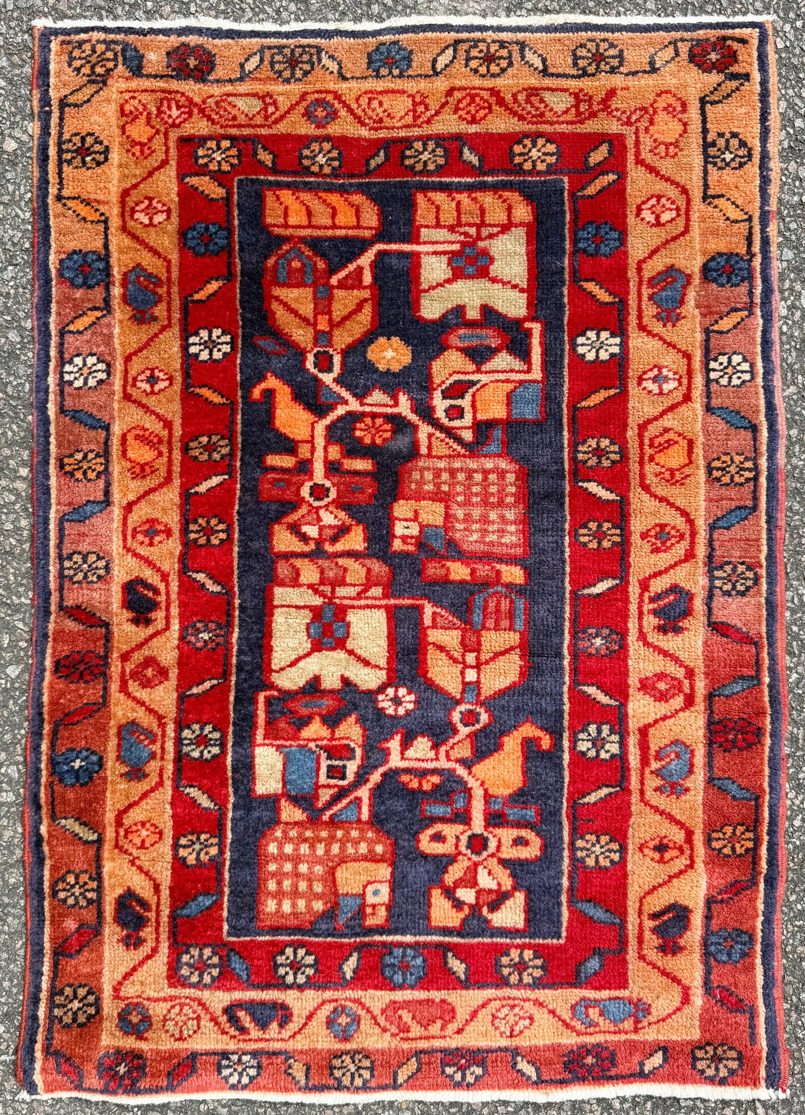 VINTAGE PERSIAN HAMADAN HAND KNOTTED PICTORIAL RUG WITH ANIMAL MOTIFS, 2.1 x 3.2 (64cm x 97cm): A Vintage, Persian Hamadan rug that was hand knotted in Persia (Iran) of 100% natural wool on a cotton foundation. This rug is 40+ years old, has medium wool piles and is in excellent condition for it
