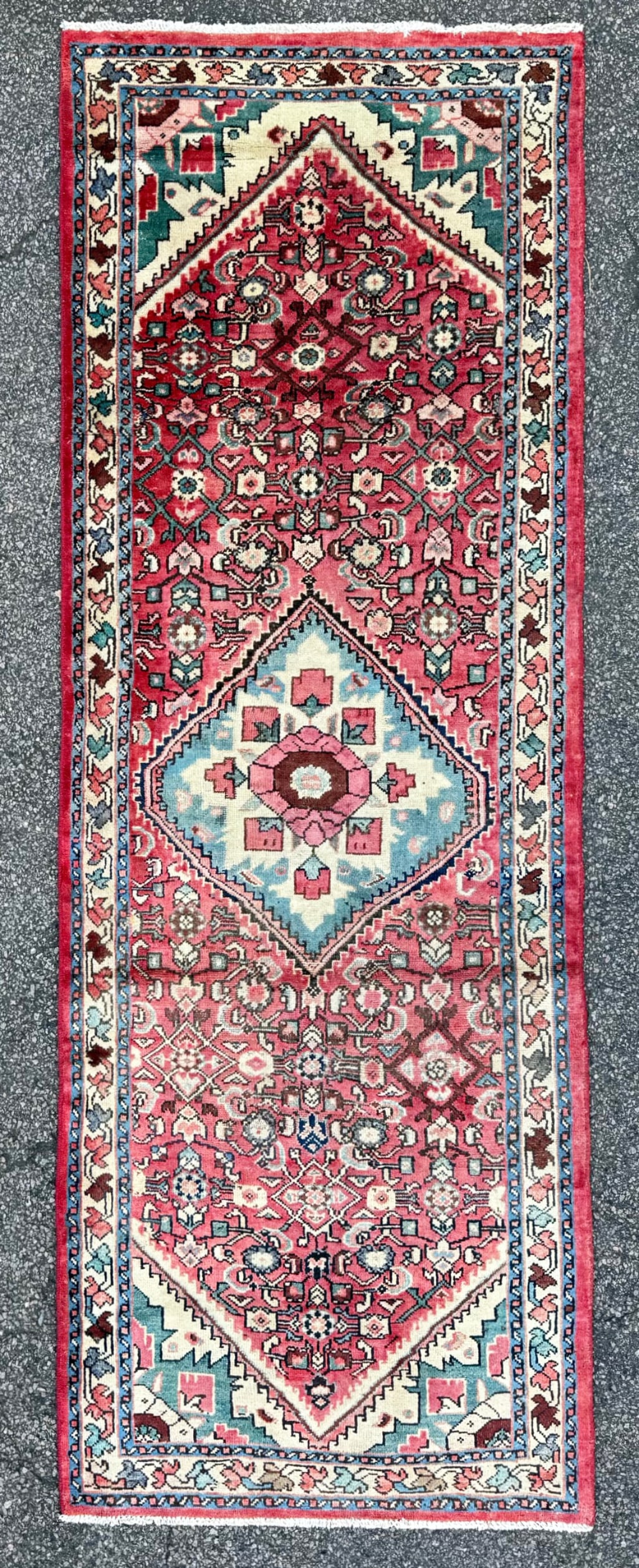 VINTAGE PERSIAN HAMADAN HAND KNOTTED RUNNER, 3.6 x 10.0 (107cm x 305cm): This Vintage Persian Hamadan runner was hand knotted in Iran of 100% natural wool. This rug is 60+ years old, has full wool piles and is in excellent condition for its age. Beautiful colors with excel
