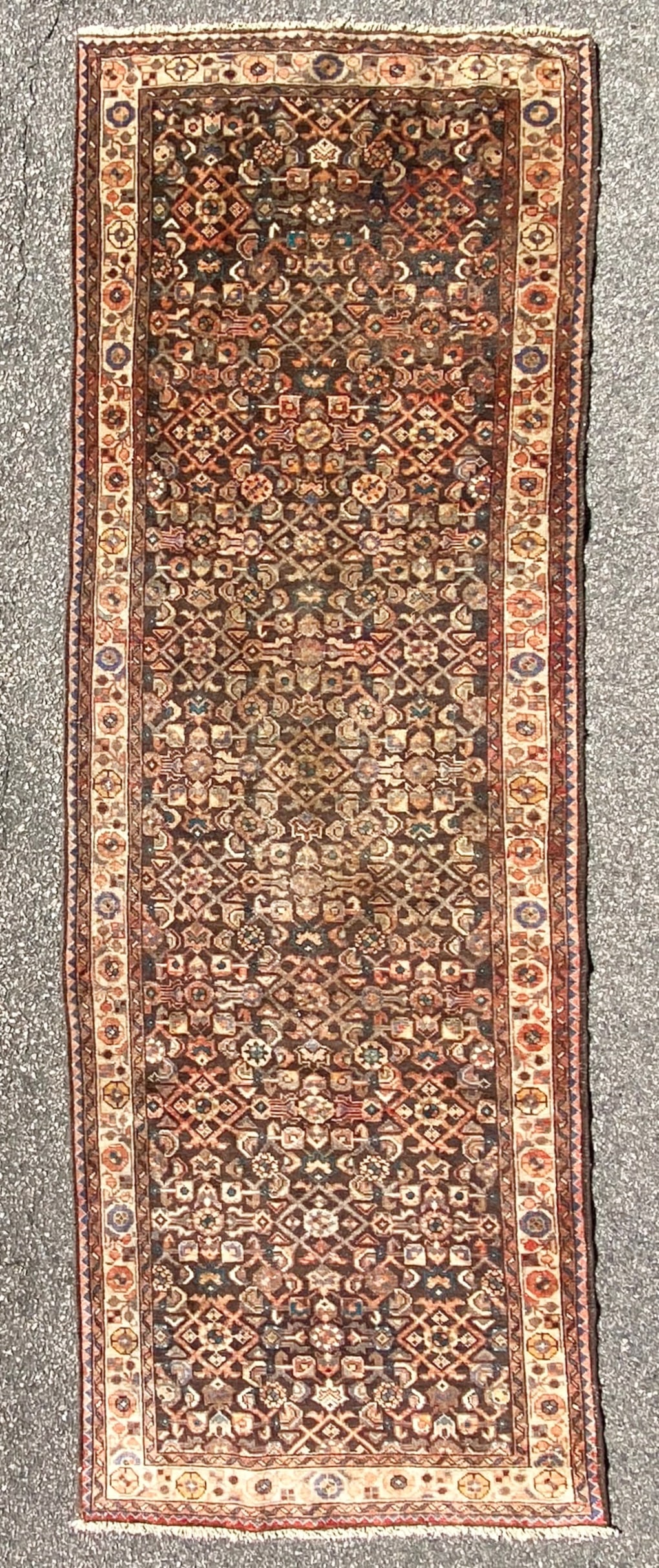 ANTIQUE PERSIAN BIDJAR HAND KNOTTED RUNNER, 3.7 x 10.3 (109cm x 312cm): This Antique Persian Bidjar runner was hand knotted in Iran of 100% natural wool with a cotton foundation. This rug is 90+ years old and has medium wool piles and is in excellent condition for its age