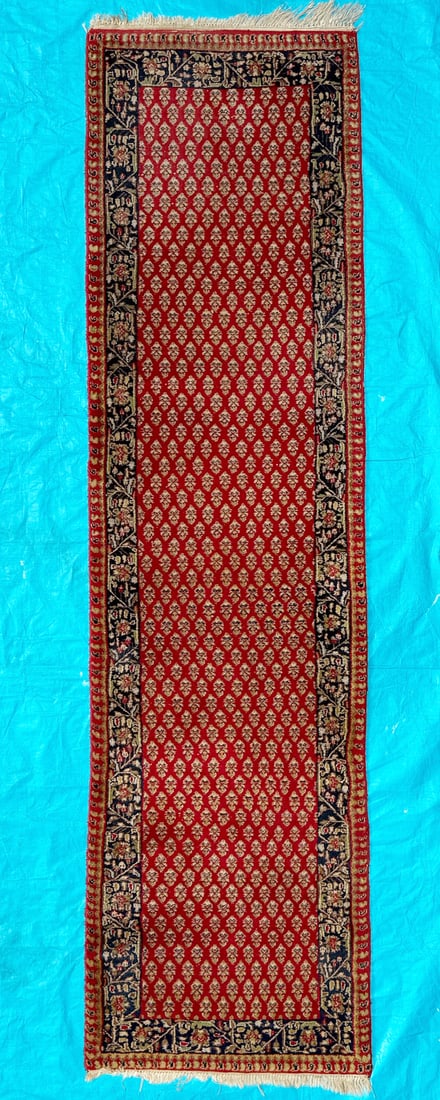 SARABAND MIR HAND KNOTTED RUNNER, 2.8 x 9.8 (81cm x 295cm): This Saraband Mir runner was hand knotted in India of 100% natural wool on a cotton foundation. This rug has full, wool piles and is in excellent condition. Beautiful colors and made with excellent qu