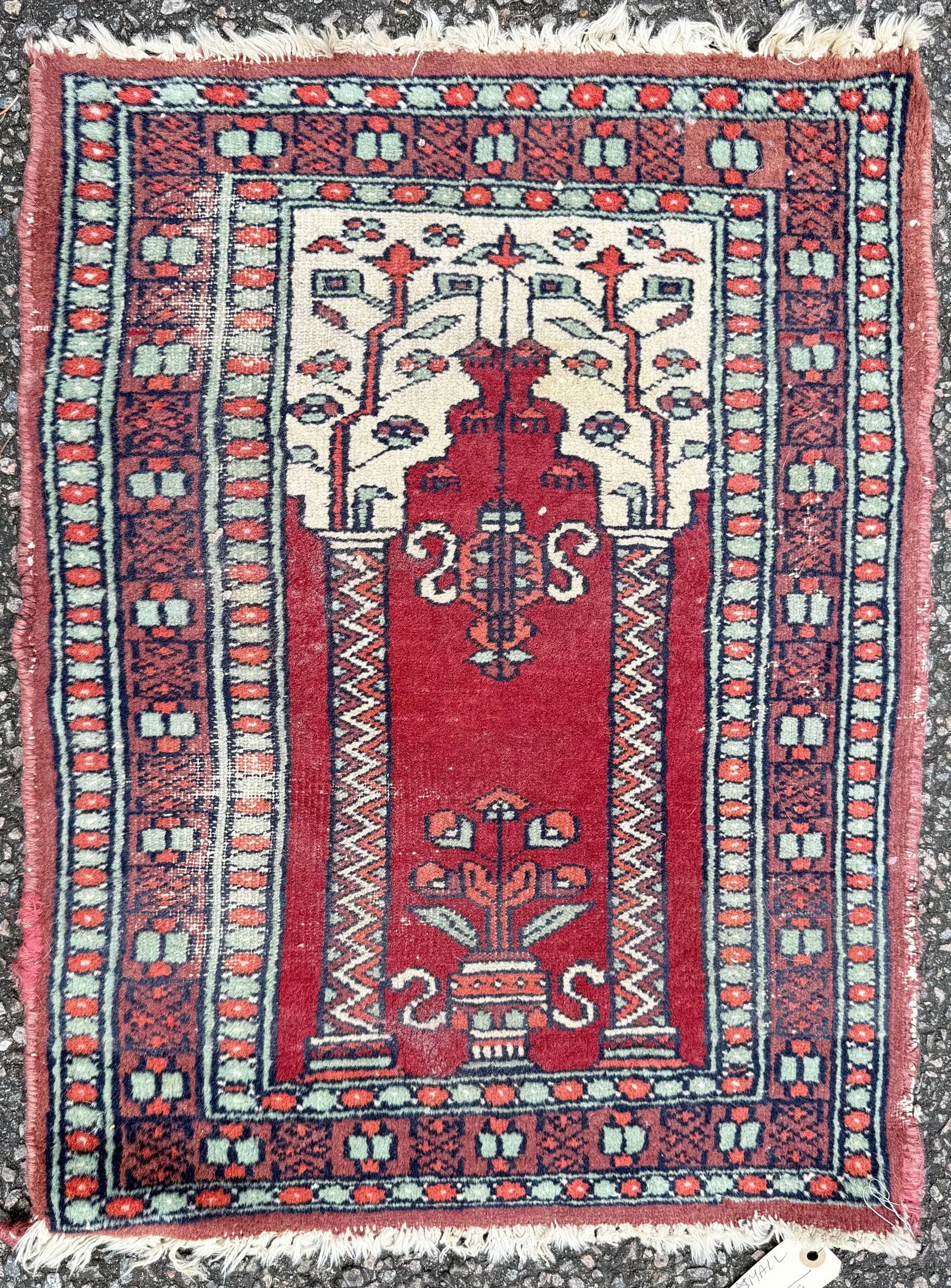 ANTIQUE CAUCASIAN SHIRVAN PRAYER RUG, HAND KNOTTED GEOMETRIC MIHRAB, 1.7 x 2.2 (48cm x 66cm): A finely hand-knotted Caucasian tribal prayer rug, likely originating from the Shirvan / Kuba weaving region (Azerbaijan area), featuring a classic mihrab (prayer niche) design rendered in bold geomet