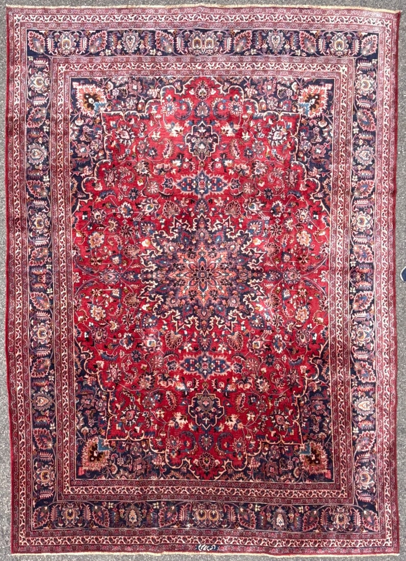 SIGNED VINTAGE PERSIAN MASHAD HAND KNOTTED RUG, 9.3 x 13.0 (282cm x 396cm): This Vintage Persian Mashad rug, hand knotted in Persia of 100% natural wool on a cotton foundation. This rug is 60+ years old and has full wool piles and is in excellent condition for its age. Beauti