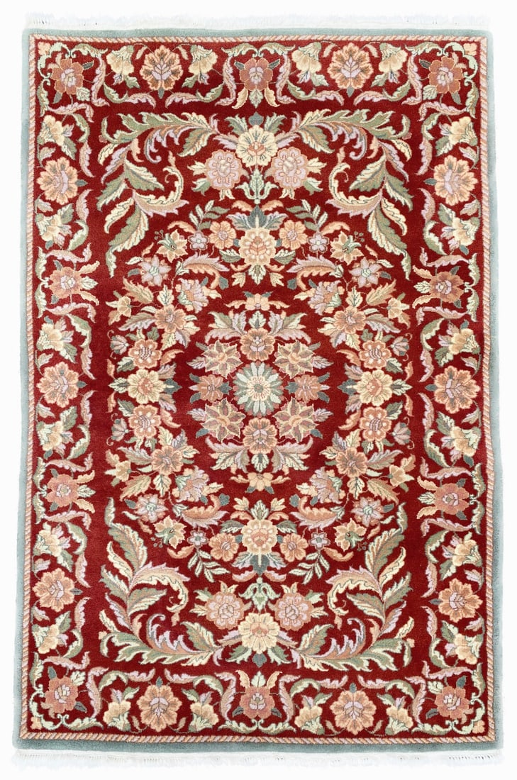 ASIAN HAND KNOTTED AUBUSSON RUG – 4.3 x 6.0 (130cm x 183cm): This Aubusson Asian rug was hand knotted in China of 100% natural wool on a cotton foundation. The rug has very thick (1 inch) wool piles and is in excellent condition. Beautiful colors and made with 