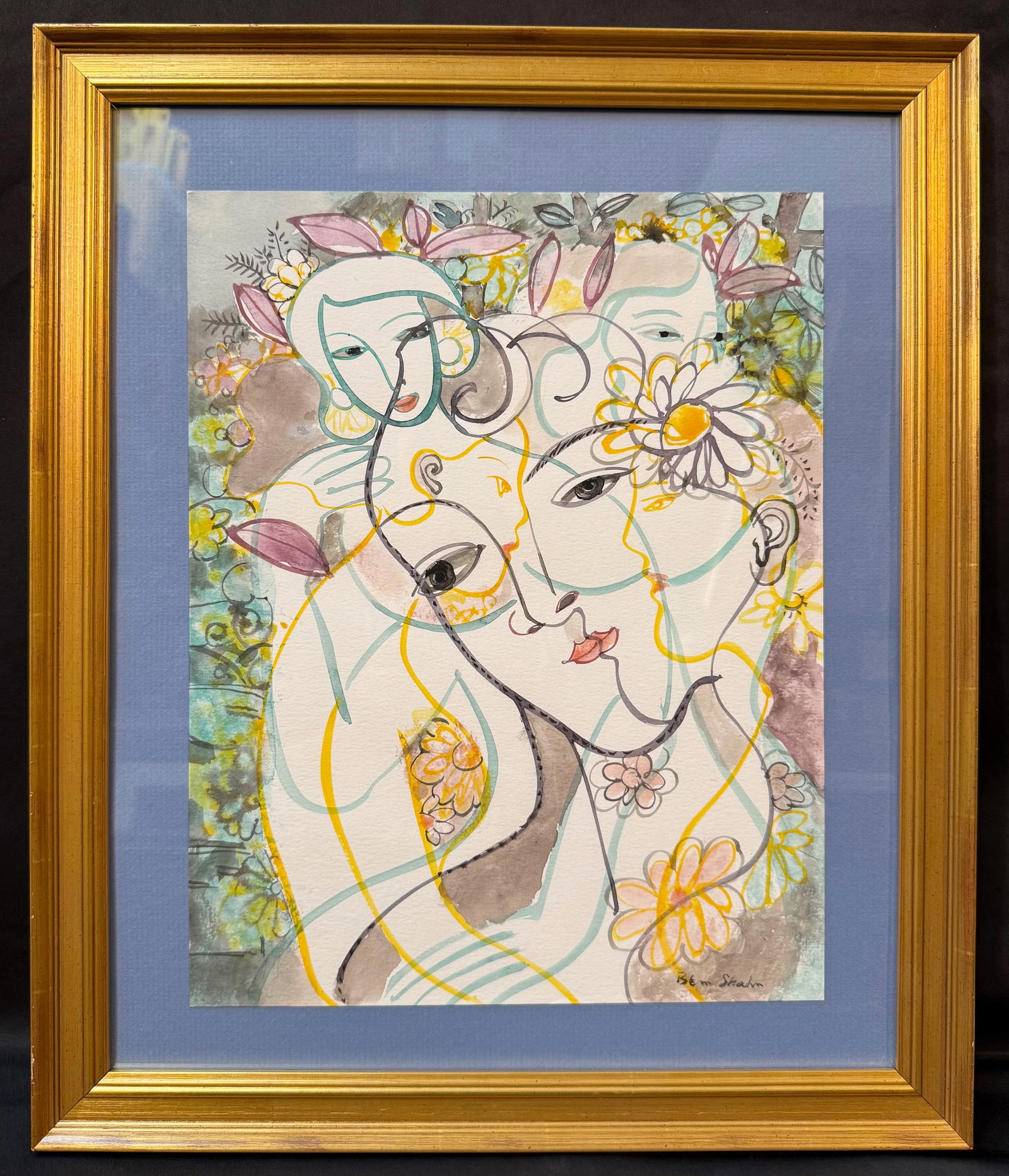 SIGNED BEN SHAHN MODERNIST FIGURAL WATERCOLOR, FEMININE ABSTRACT FACES, MID-CENTURY AESTHETIC, 16IN: A striking and highly decorative modernist figural watercolor, signed “Ben Shahn” lower right (unverified), presenting an elegant composition of interwoven feminine faces and floral elemen