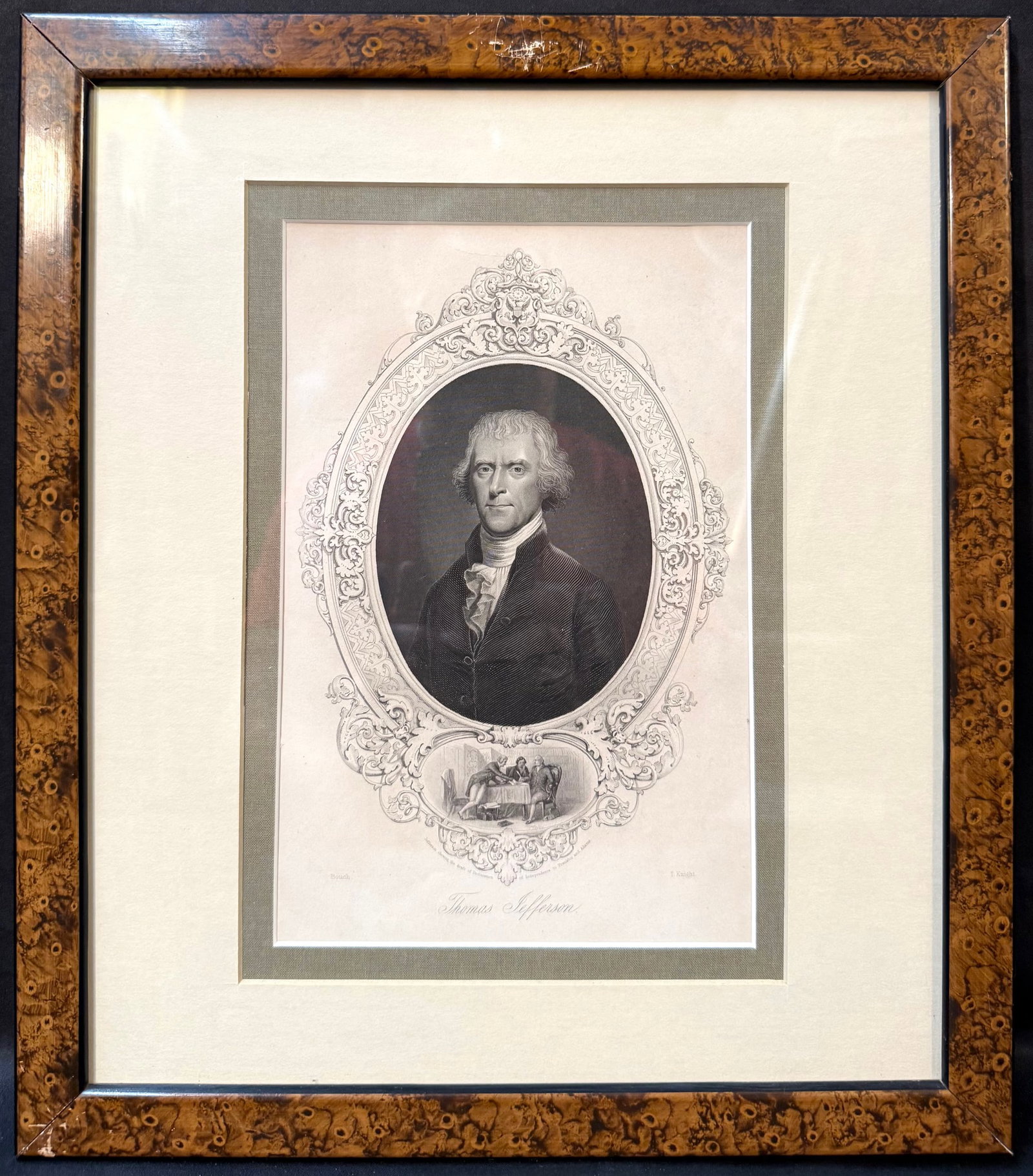 19TH CENTURY ENGRAVING OF THOMAS JEFFERSON WITH DECLARATION OF INDEPENDENCE SCENE, FOUNDING FATHERS, (1 of 8)
