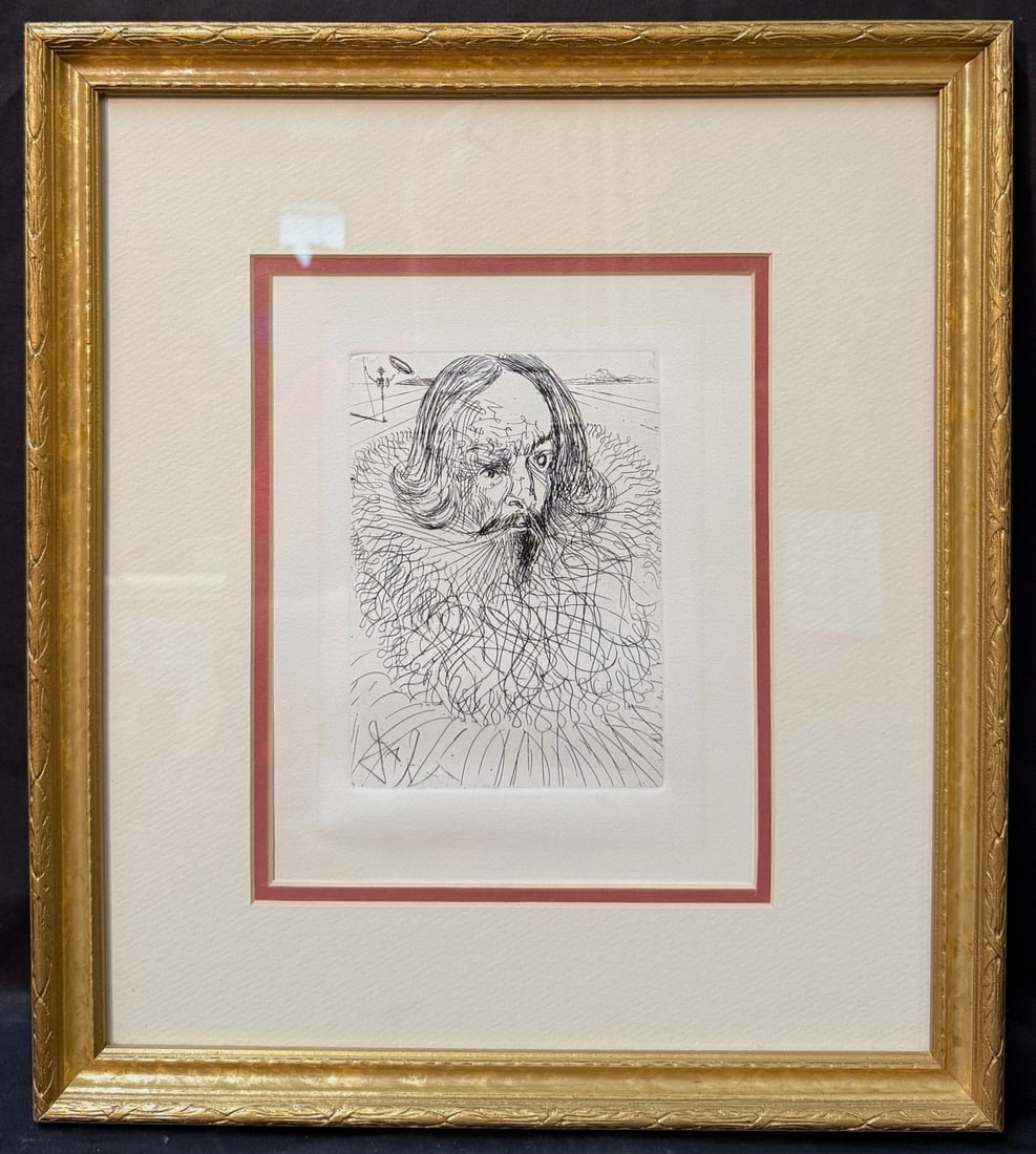 SALVADOR DALI (1904-1989) ORIGINAL ETCHING TITLED CERVANTES WITH COA, 14.75IN x 16.75IN (37.5cm x: Salvador Dali (1904-1989) original etching which is titled Cervantes, after the original that was created in 1966. It is signed in plate in the lower left. The work is part of a series titled "The Fiv
