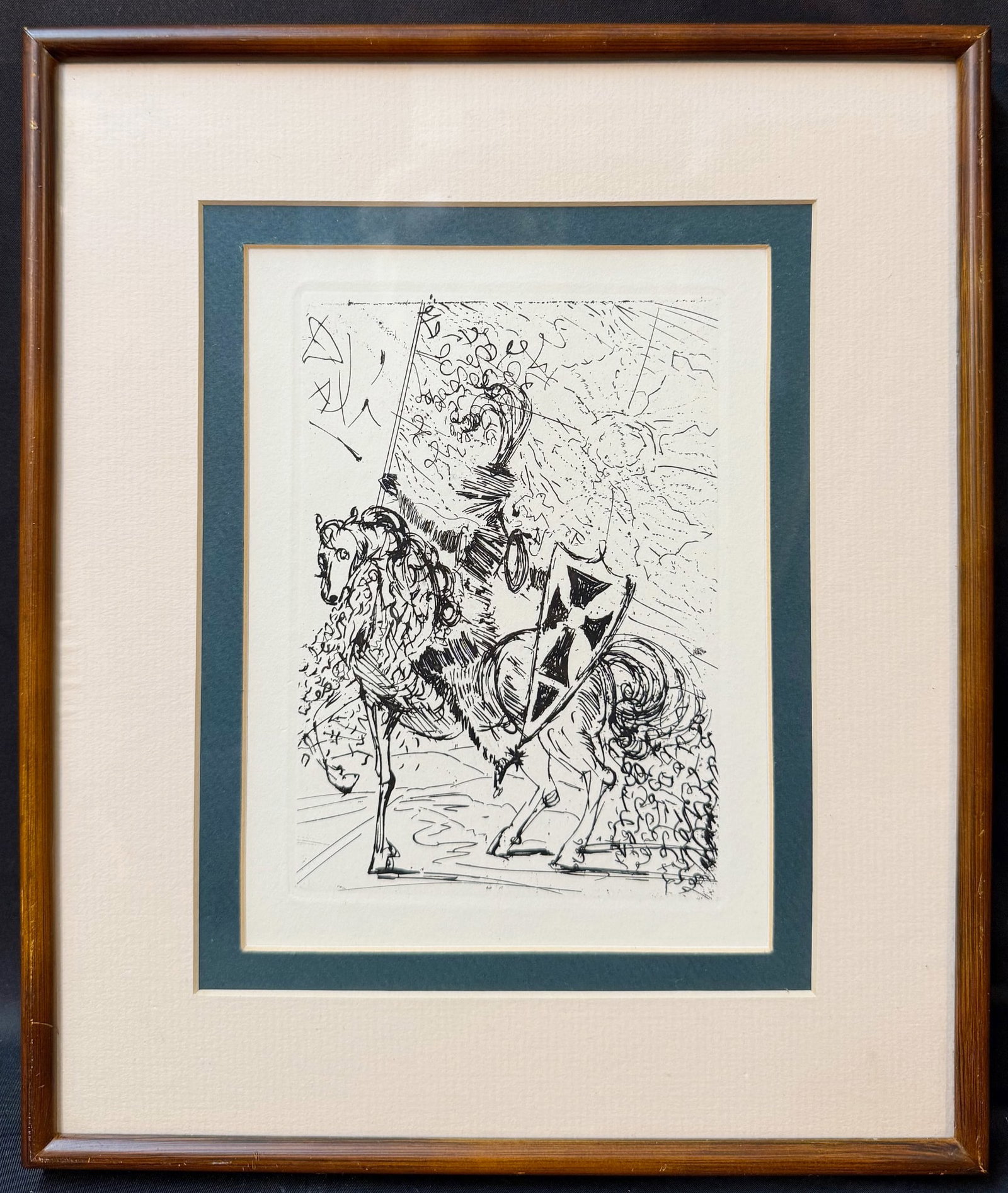 SALVADOR DALI (1904-1989) ORIGINAL ETCHING TITLED EL CID WITH COA, 11IN x 13IN (28cm x 33cm): An original etching by Salvador Dalí, titled El Cid, depicting the legendary Spanish hero Rodrigo Díaz de Vivar mounted on horseback. Executed in Dalí’s highly expressiv