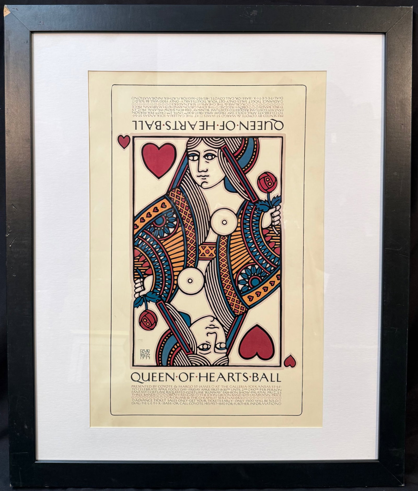 DAVID LANCE GOINES (1945) ORIGINAL LITHOGRAPH POSTER FOR THE QUEEN OF HEARTS BALL, 29.5IN x 35.5IN: Original David Lance Goines (1945) lithograph advertising poster for The Queen of Hearts Ball in 1979. This piece was printed in 1979 by Portal Publications Ltd in the USA. The original piece was prod