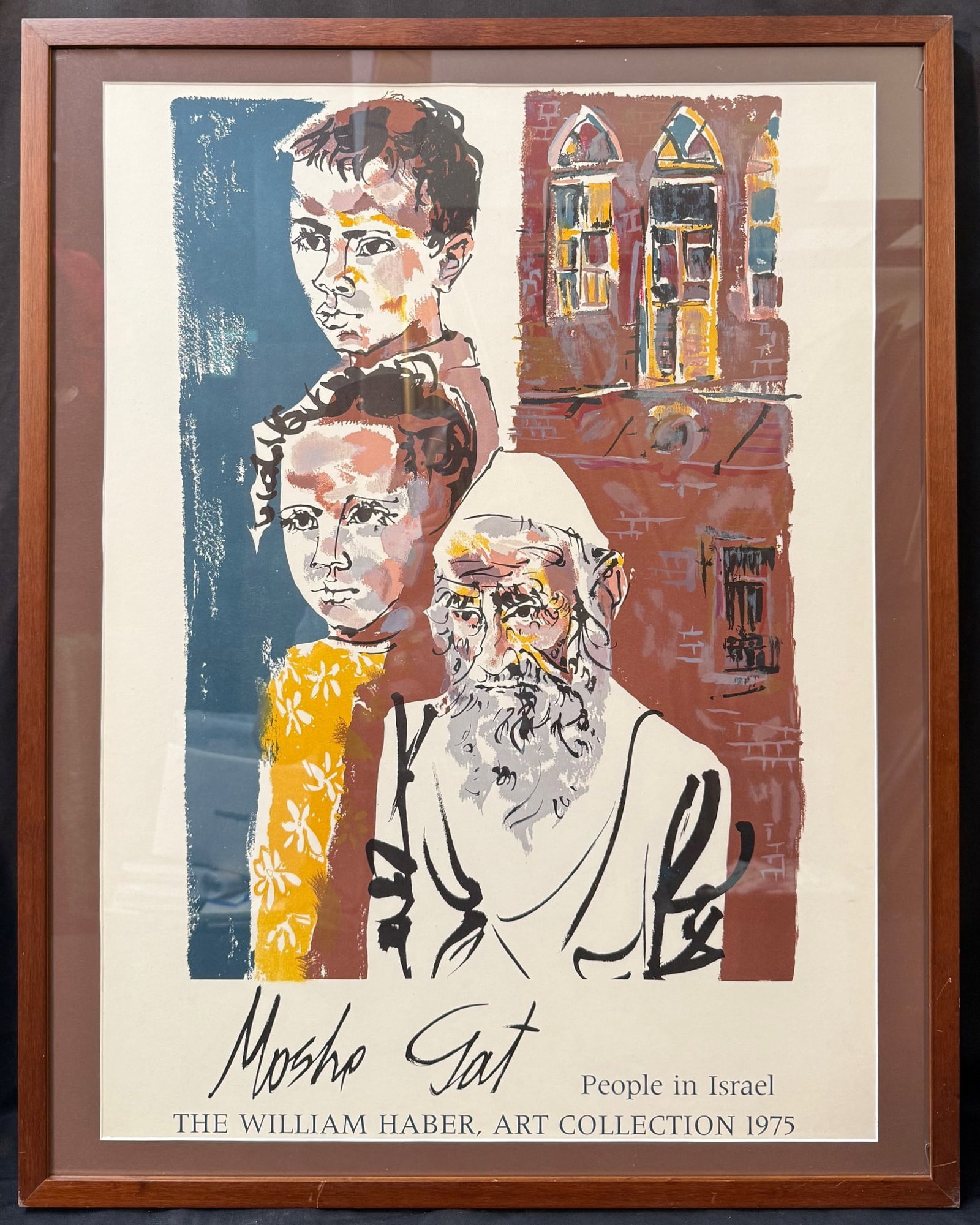 MOSHE GAT (1935) ORIGINAL EXHIBITION LITHOGRAPH POSTER AS PART OF THE WILLIAM HABER COLLECTION,: Original Moshe Gat (1935) lithograph poster for an exhibition of the William Haber Art Collection in 1975. The underlying piece used for the poster is titled Two Boys and a Rabbi from People in Israel