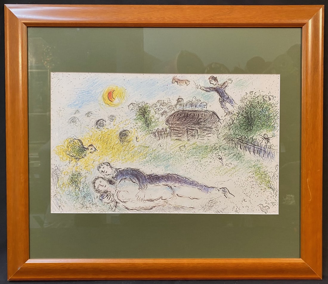 MARC CHAGALL (1887-1985) ORIGINAL LITHOGRAPH TITLED LES AMOUREUX A L?ISBA 24.5IN x 28IN (62cm x: Marc Chagall (1887-1985) original, limited-edition lithograph. It is titled Les Amoureux a L’Isba and it was produced by Maeght Editeur, Paris for Derriere Le Mirior number 246. This piece was p