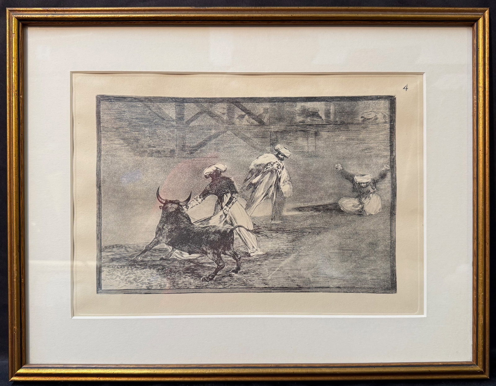FRANCISCO JOSE DE GOYA Y LUCIENTES (1746-1828) ETCHING TITLED THEY PLAY ANOTHER WITH THE CAPE, 15IN: Etching and aquatint by Spanish artist Francisco Jose de Goya y Lucientes (1746-1828) titled They Play Another with the Cape. It is plate 4 from his series of 33 prints titled La Tauromaquia. The