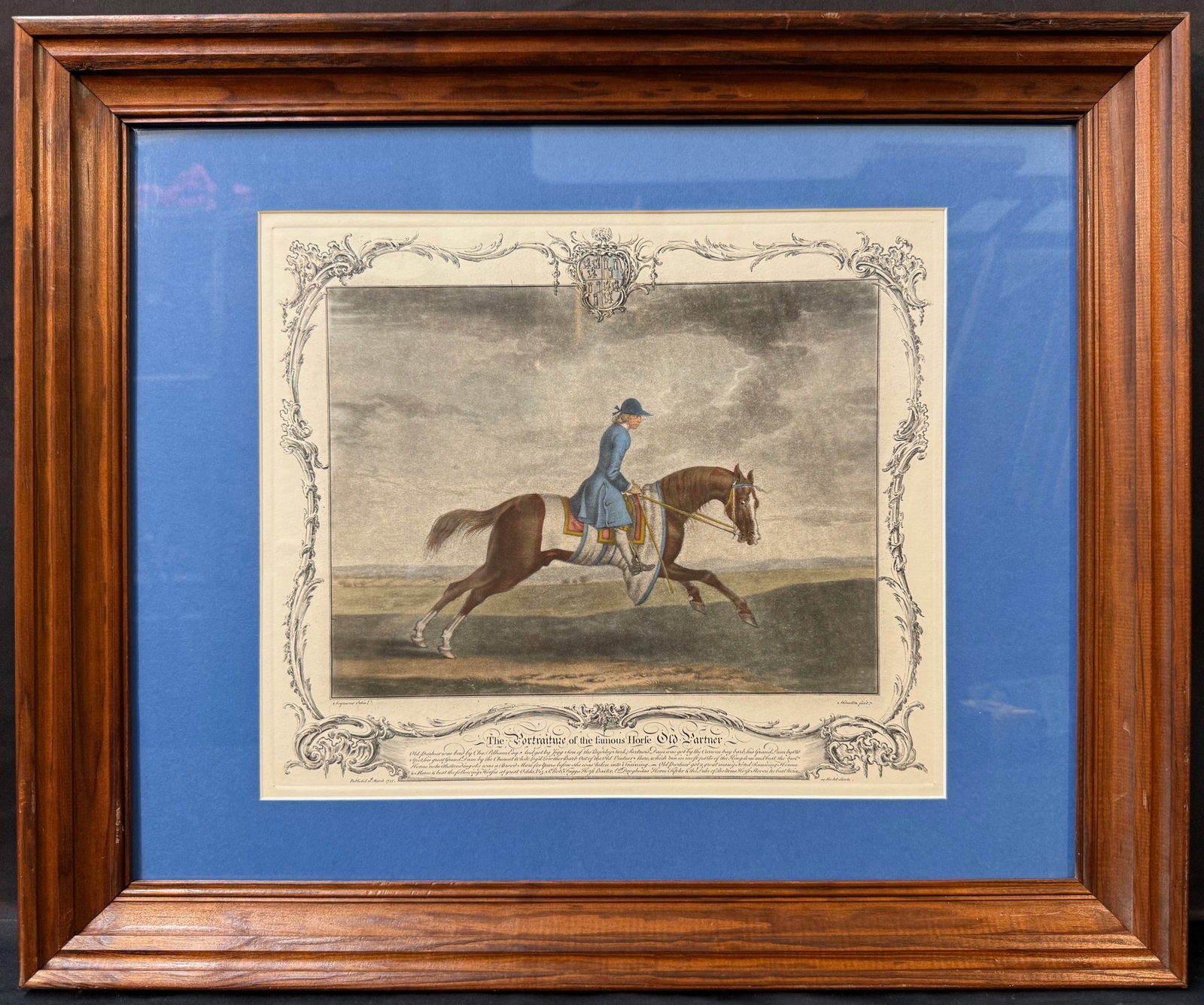 RICHARD HOUSTON (1721-1775) ORIGINAL HAND COLORED, ETCHING AND MEZZOTINT TITLED PORTRAIT OF FAMOUS: Original hand colored etching and mezzotint by celebrated English artist Richard Houston (1721-1775). It is titled Portrait of the Famous Horse Old Partner, and it is after the original painting by Ja