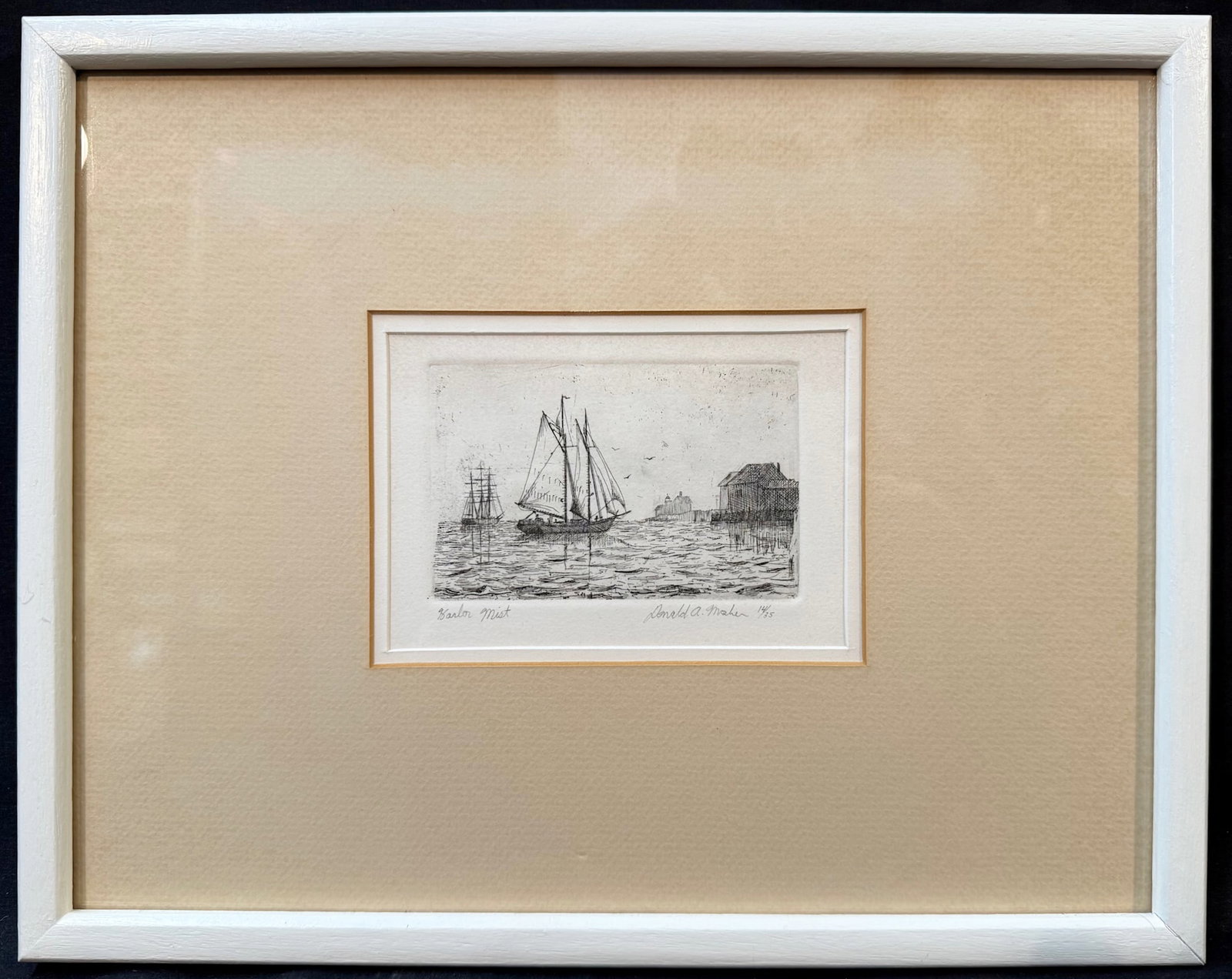 DONALD ALLEN MAHER (1951) HAND SIGNED, LIMITED EDITION ETCHING TITLED HARBOR MIST, 12IN x 15IN (30cm: Hand signed, limited edition etching by Virginia artist Donald Allen Maher (1860-1942). It is titled Harbor Mist, and it is a limited edition, it being 14 of 35. It is hand signed in pencil in the low