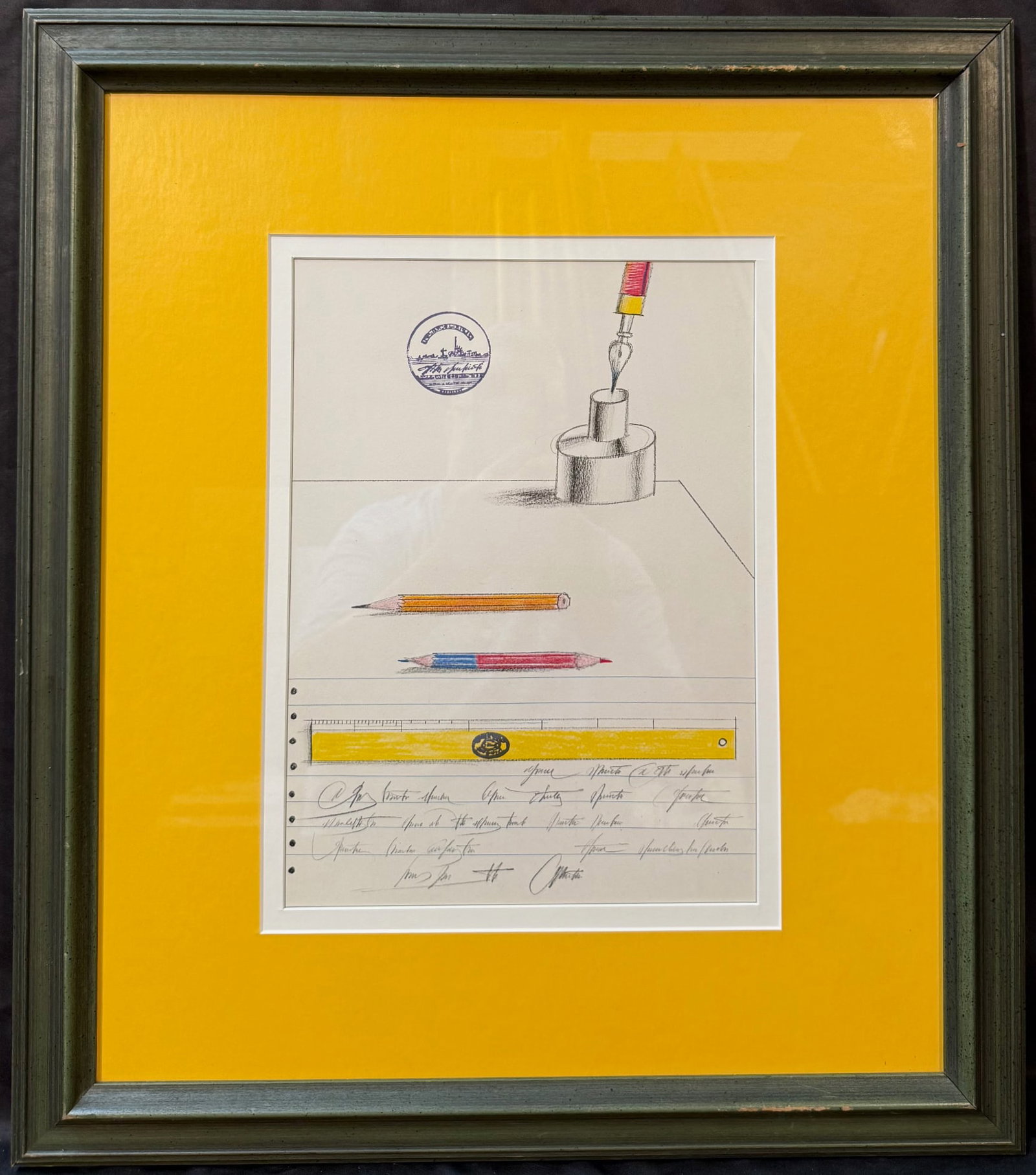 SAUL STEINBERG (1914-1999) ORIGINAL LITHOGRAPH TITLED PAPETERIE, 21.5IN x 24.5IN (55cm x 62cm): Saul Steinberg (1914-1999) original lithograph titled Papeterie. This piece is after the original that was produced in 1973. This piece was printed on vellum paper in Paris by Gallery Maeght Paris for