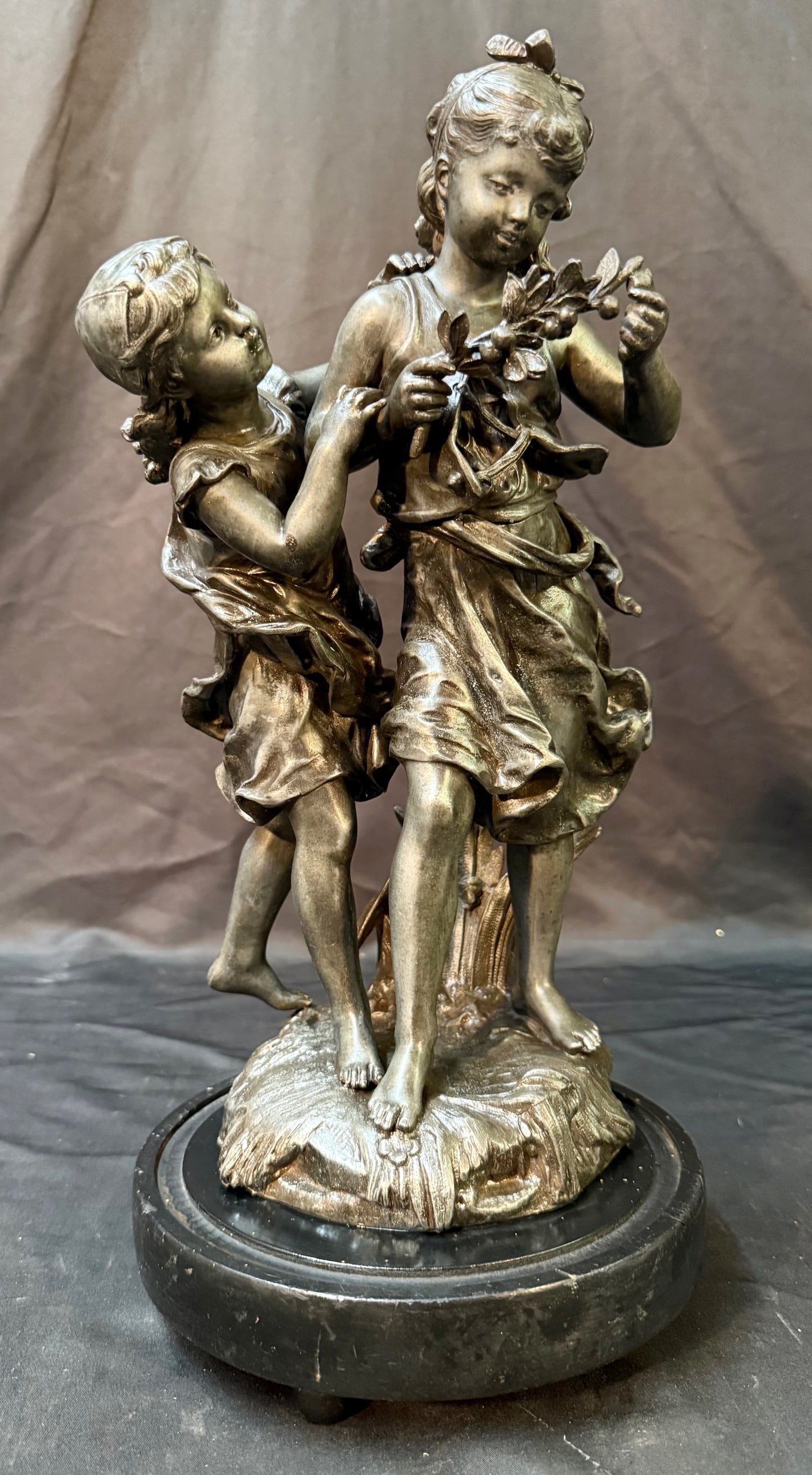 AUGUSTE MOREAU (1834-1917) FRENCH FIGURAL BRONZE SCULPTURE ON MARBLE BASE, 16IN x 8IN x 8IN (41cm x: This charming late, 19th-century French figural sculpture by Auguste Moreau, one of the celebrated Moreau family of Romantic-era sculptors, depicts two young girls gathered in a moment of tender 
