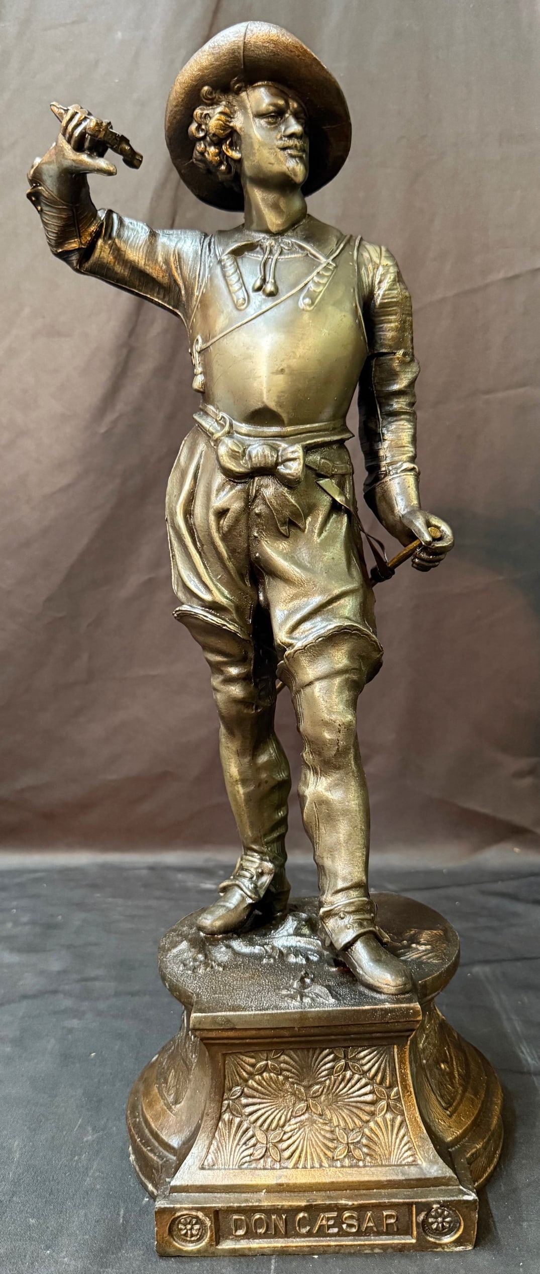 FRENCH SPELTER FIGURE OF DON CAESAR ON DECORATIVE CAST BASE, LATE 19th CENTURY, 21IN x 7IN x 6IN (1 of 10)