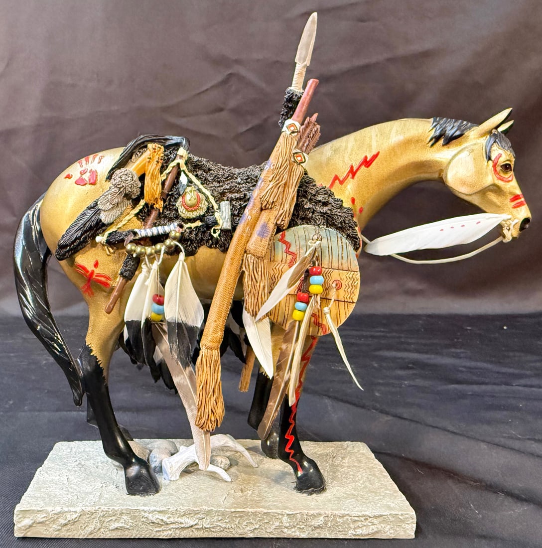 TRAIL OF PAINTED PONIES MEDICINE HORSE FIGURINE BY STAR LIANA YORK, 7.5IN x 7.5IN x 2.5IN: The Trail of Painted Ponies Medicine Horse figurine by Star Liana York is a beautifully crafted resin model horse. This collectible piece features intricate details and vibrant colors typical of the T