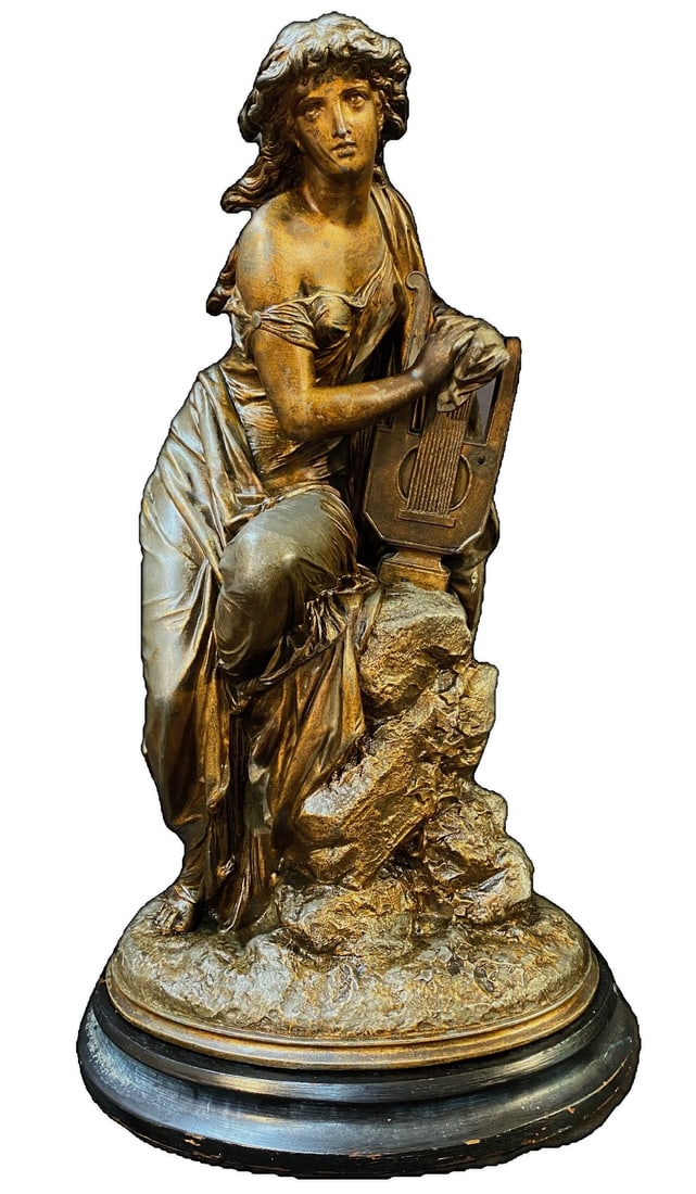 ANTIQUE BRONZE STATUE OF GREEK MUSE ERATO WITH LYRE ON WOODEN PEDESTAL, 8IN x 9IN x 21IN (20cm x: A bronze statue of the Greek Muse Erato on a wooden pedestal It measures 8 inches x 9 inches x 20 inches and it weighs 18.8 pounds. This piece was acquired from a Virginia estate. , 8IN x 9IN x 21IN (