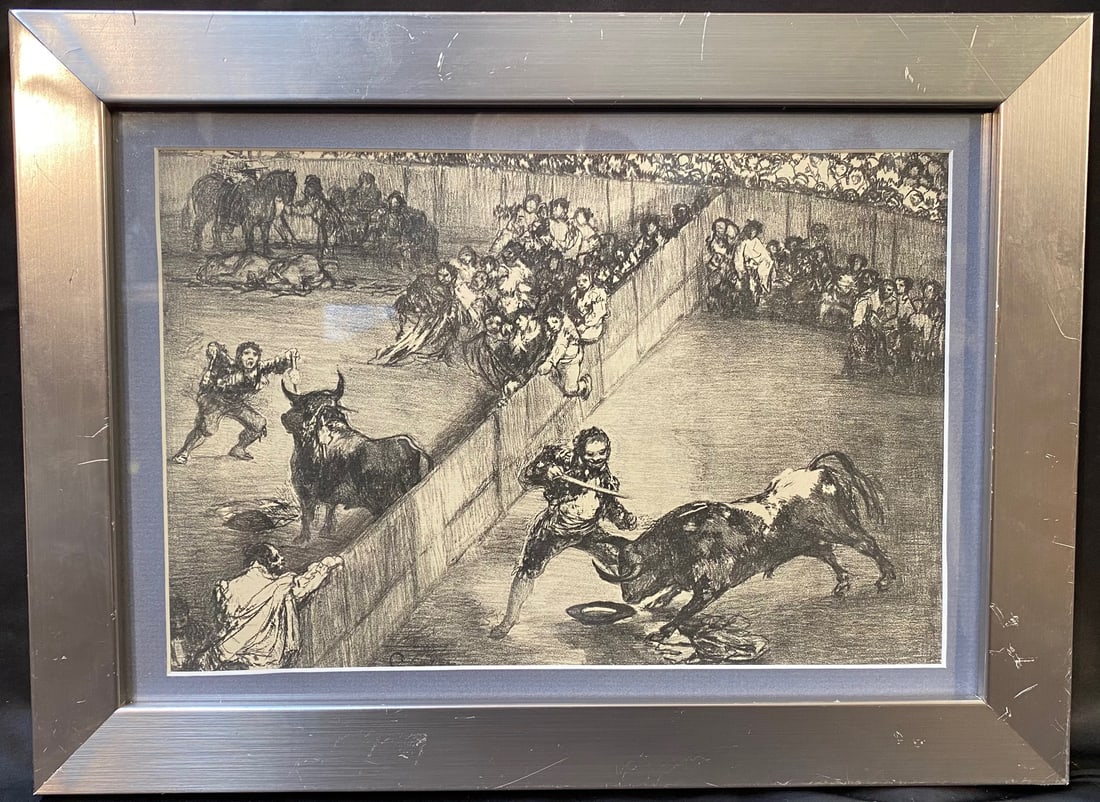 FRANCISCO DE GOYA (1746-1828) LITHOGRAPH TITLED BULLFIGHTING IN A DIVIDED RING, 11IN x 15IN (28cm x: Francisco De Goya (1746-1828) lithograph titled Bullfighting in a Divided Ring. It is after the original which was produced in 1825. This piece was produced in 1967 and it is matted and framed in a si