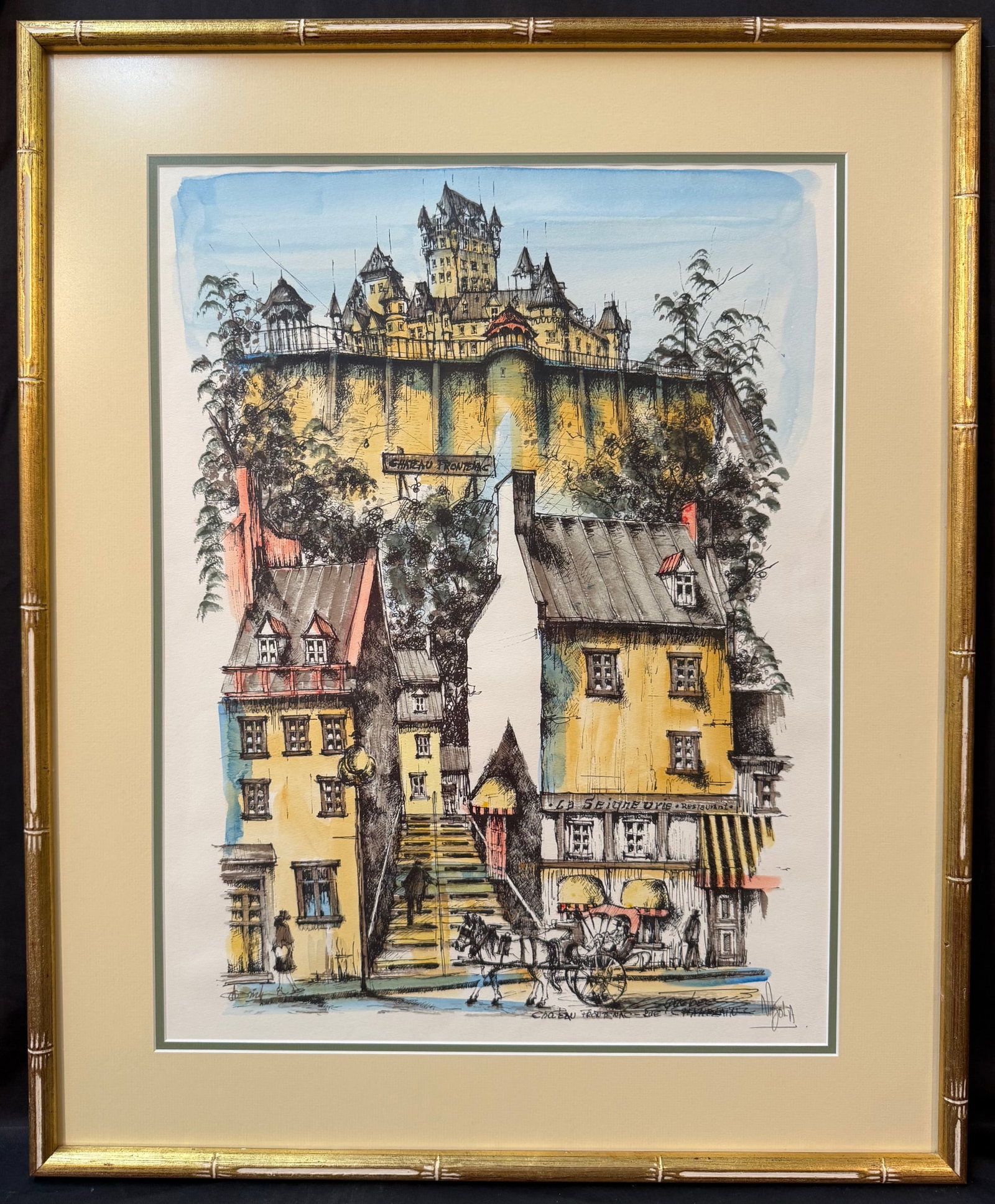 GEROLD NICOLA (20TH Century) ORIGINAL, HAND SIGNED LITHOGRAPH TITLED CHATEAU FRONTENAC QUEBEC, 25IN: Original Gerold Nicola hand signed lithograph titled Chateau Frontenac Quebec. It is hand signed by the artist in pencil in the lower right. The artwork depicts the famous hotel perched on a cliffside
